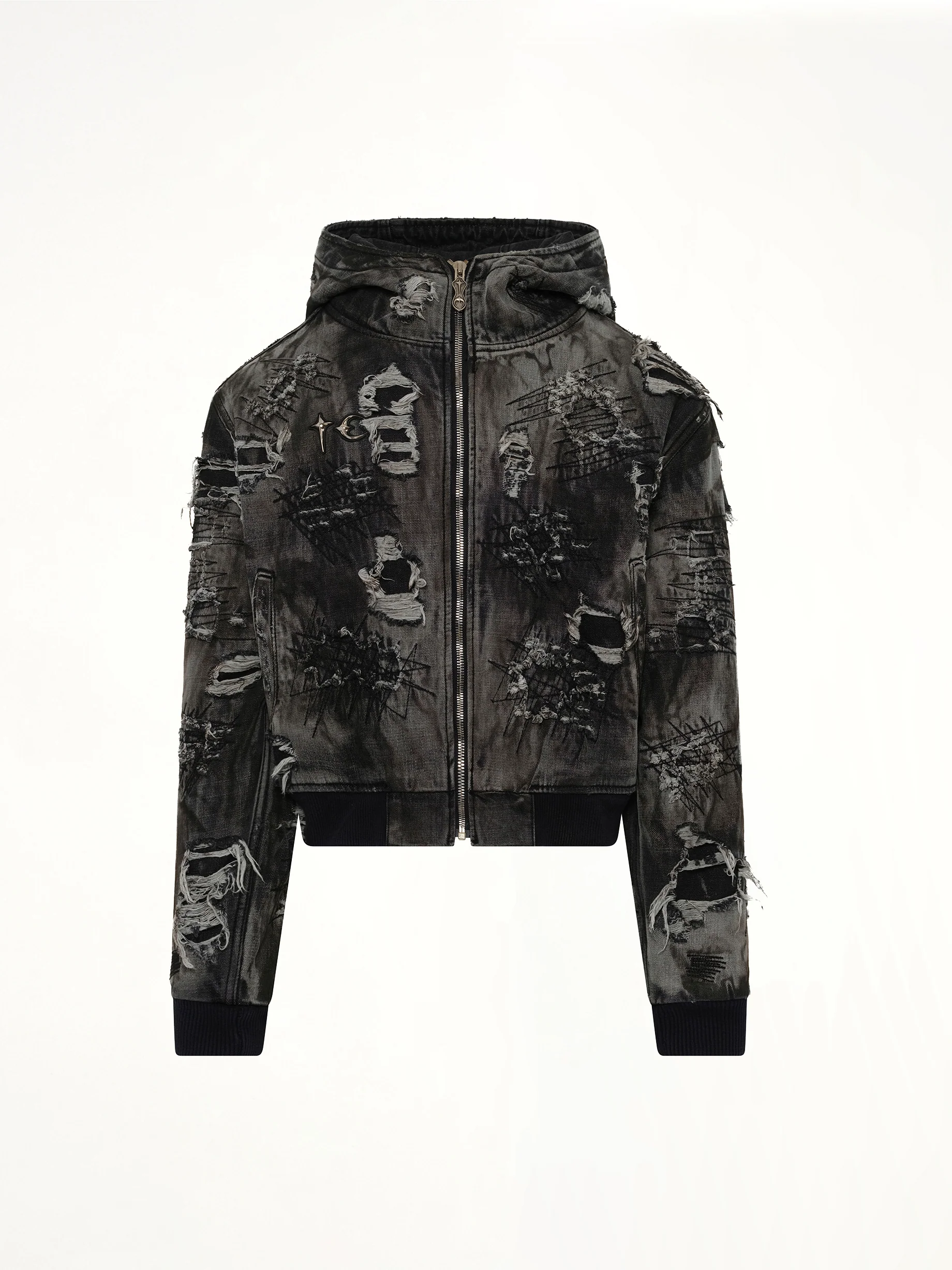 Hard-Washed Damaged Denim Hooded Zip-Up in Black - Image 2