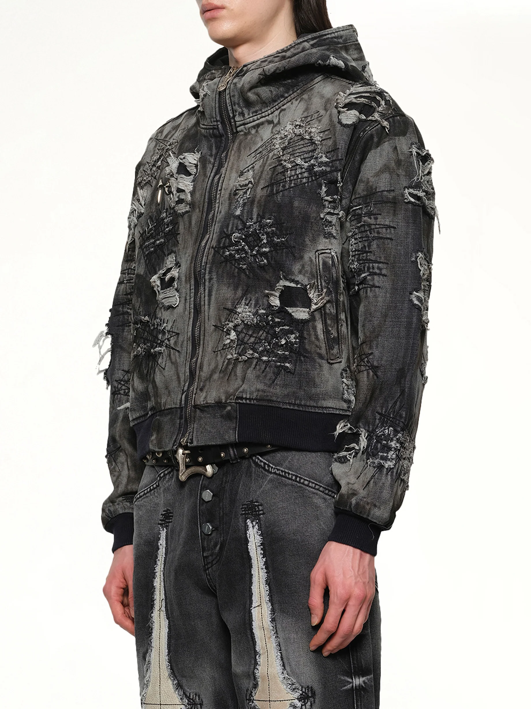 Hard-Washed Damaged Denim Hooded Zip-Up in Black - Image 3