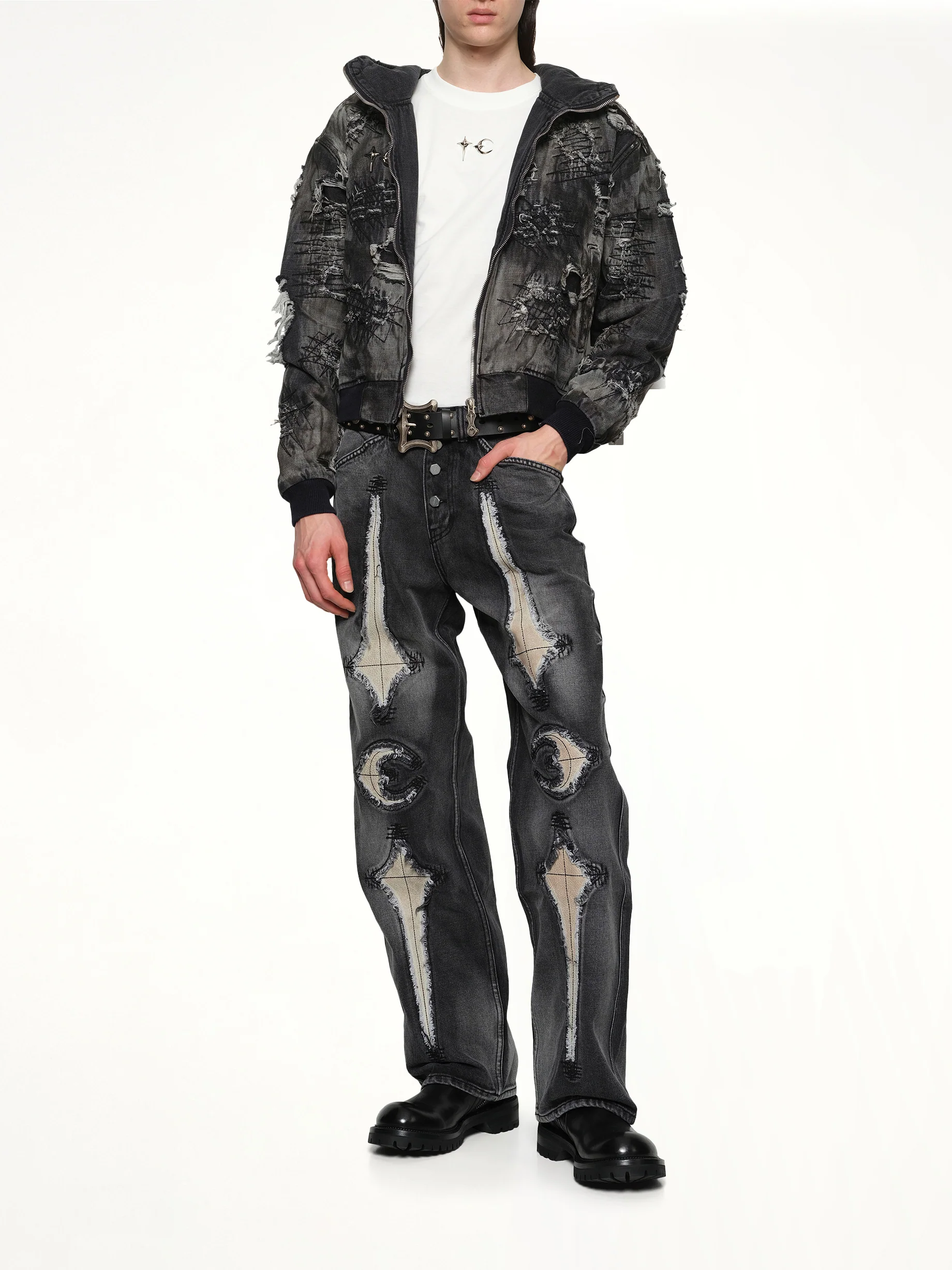 Hard-Washed Damaged Denim Hooded Zip-Up in Black - Image 4