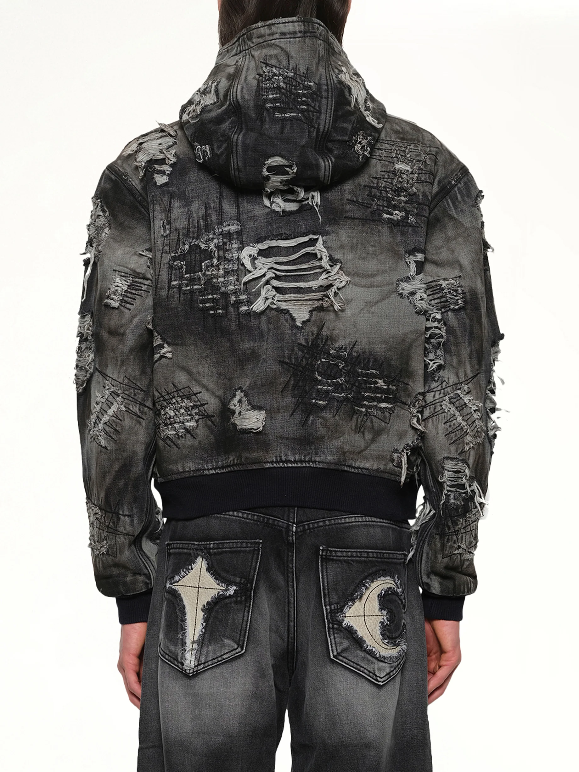 Hard-Washed Damaged Denim Hooded Zip-Up in Black - Image 5