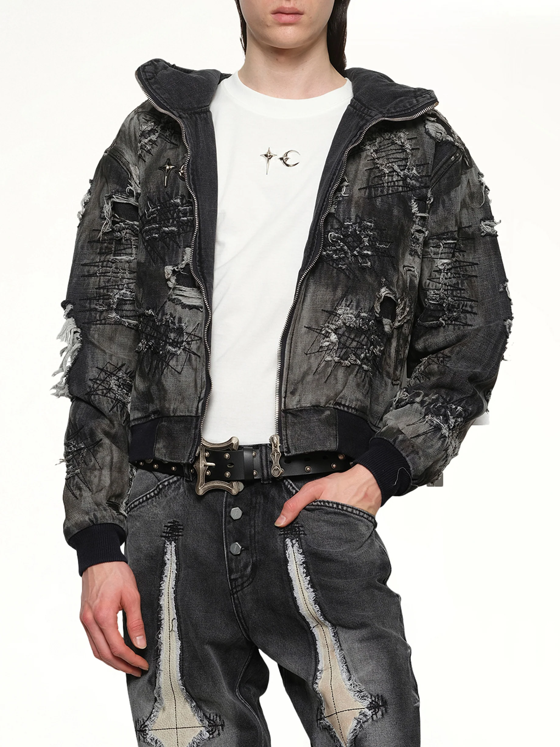Hard-Washed Damaged Denim Hooded Zip-Up in Black - Image 6