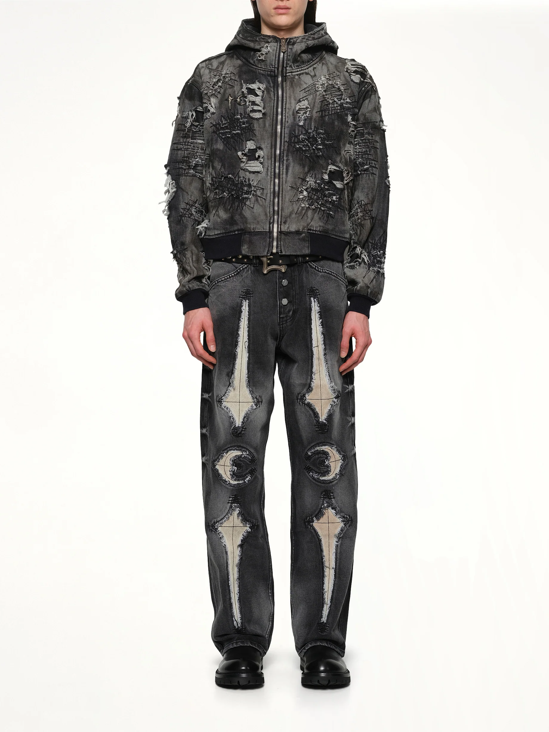 Hard-Washed Damaged Denim Hooded Zip-Up in Black - Image 7