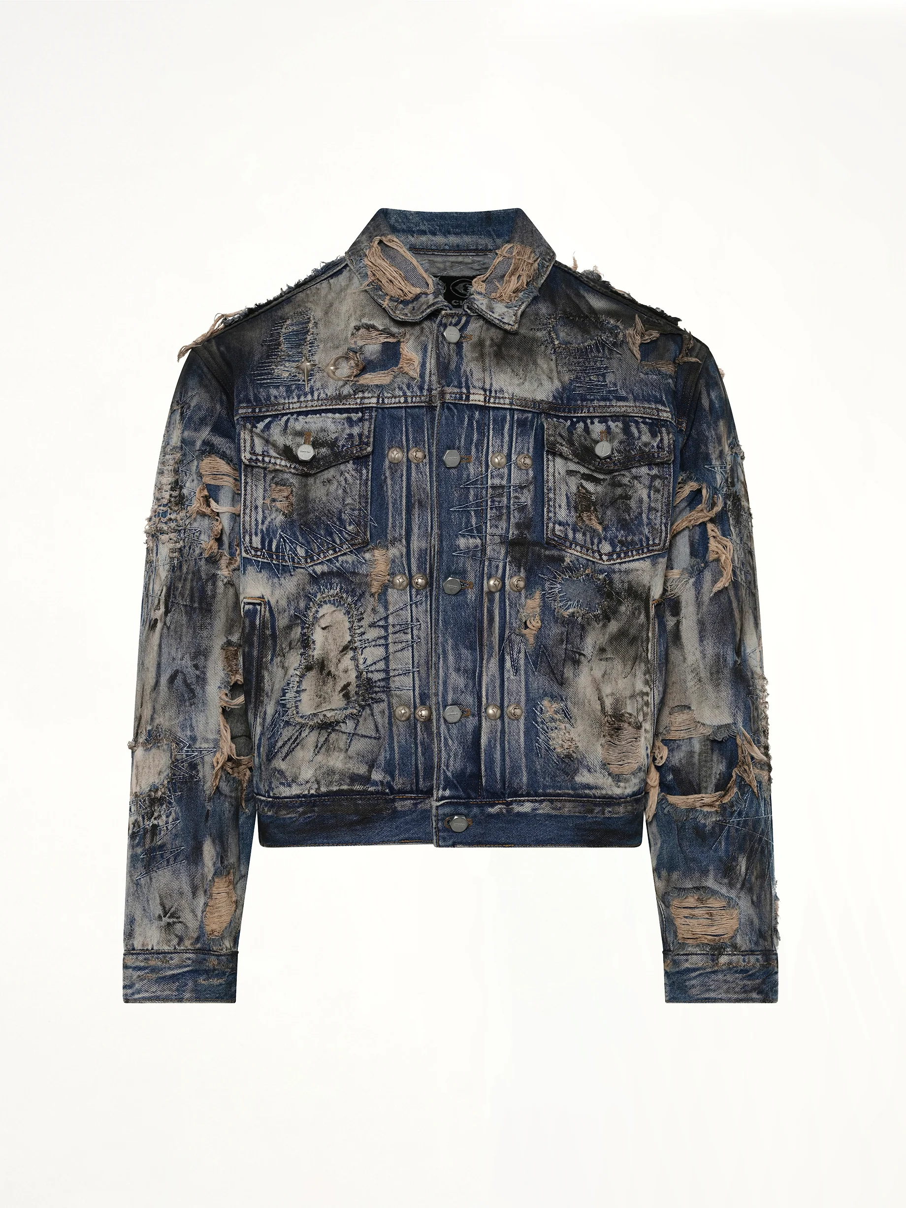 Hard-Washed Damaged Denim Jacket in Blue - Image 2