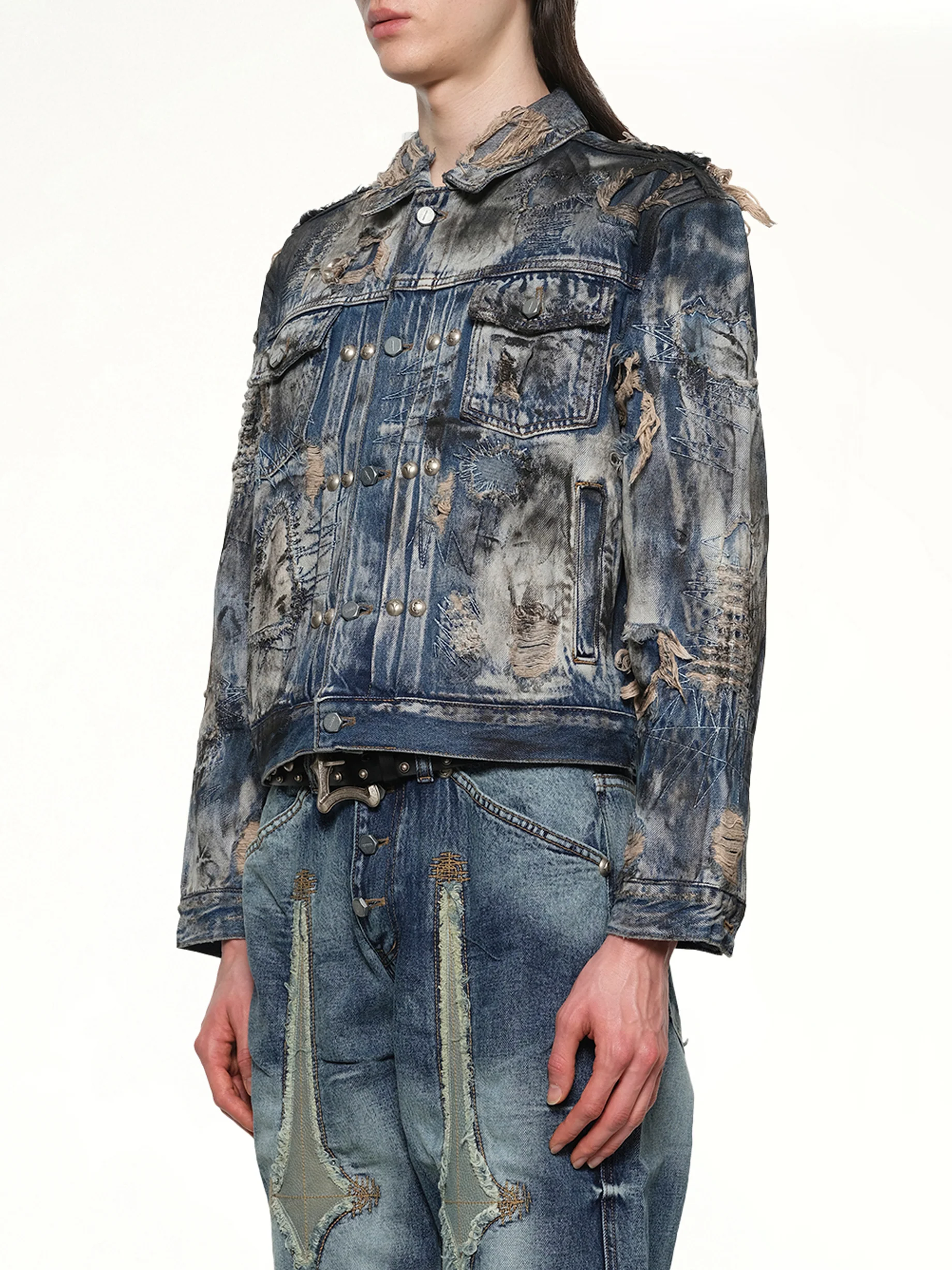 Hard-Washed Damaged Denim Jacket in Blue - Image 3