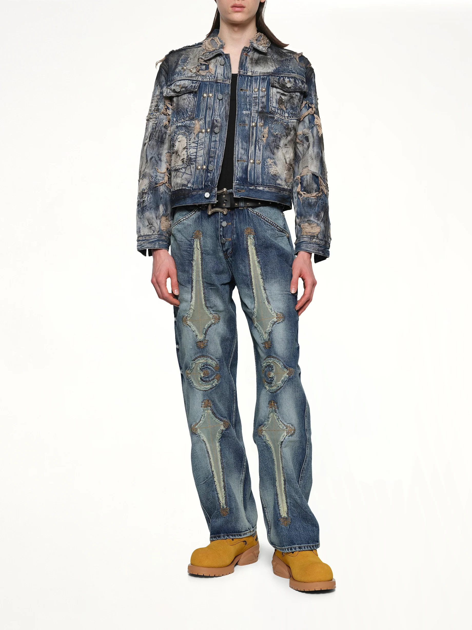 Hard-Washed Damaged Denim Jacket in Blue - Image 4