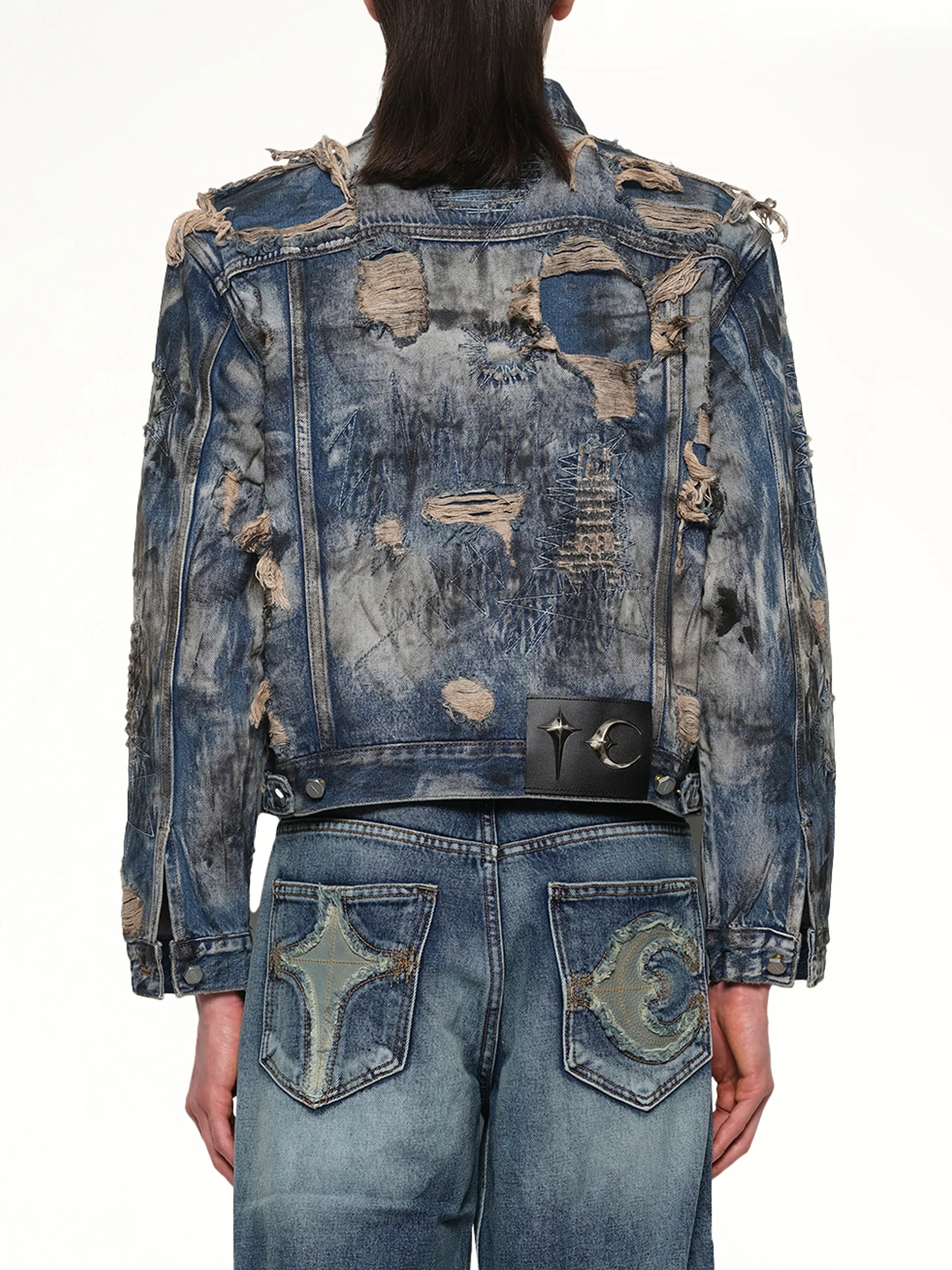 Hard-Washed Damaged Denim Jacket in Blue - Image 5