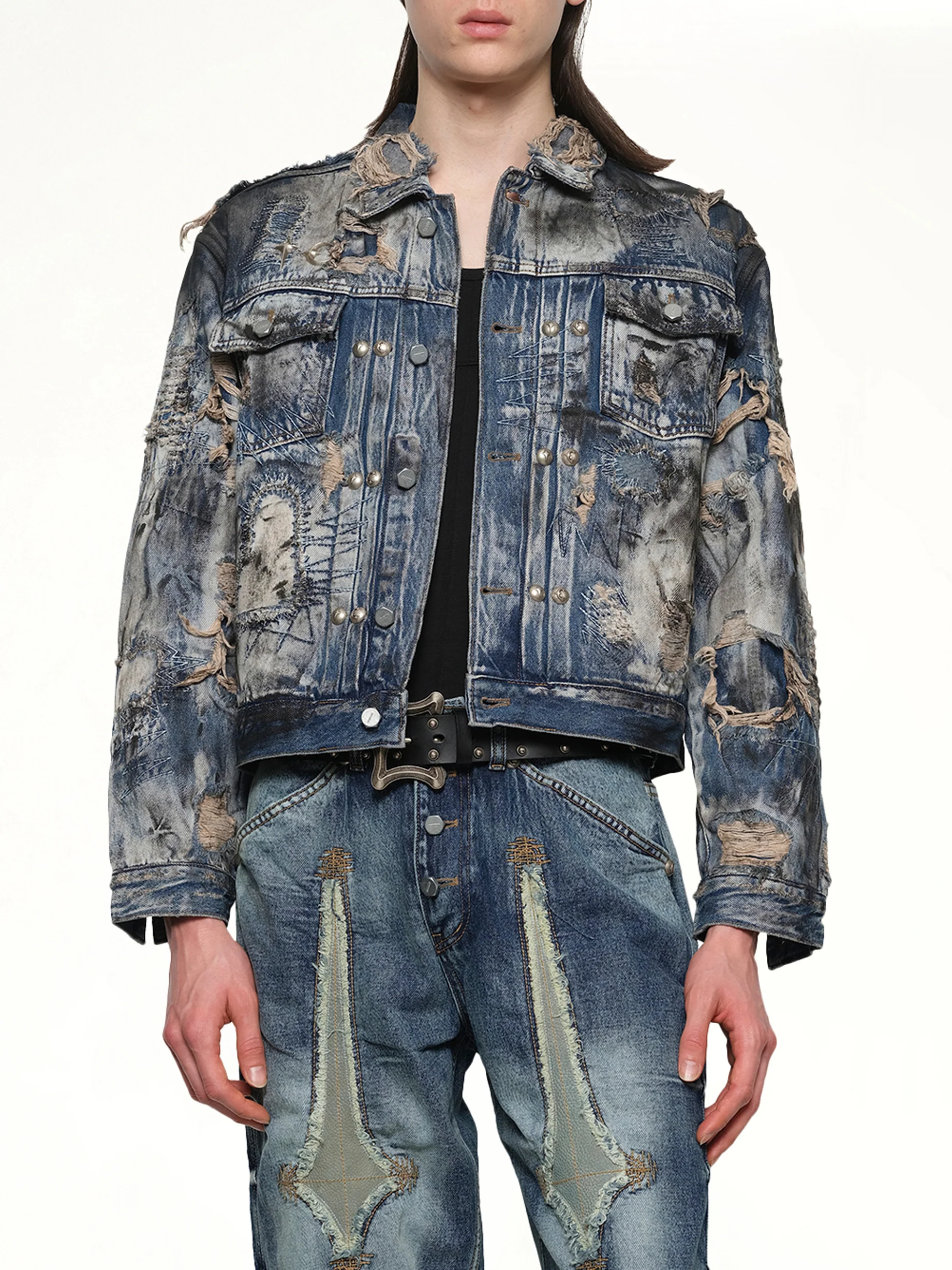 Hard-Washed Damaged Denim Jacket in Blue - Image 6