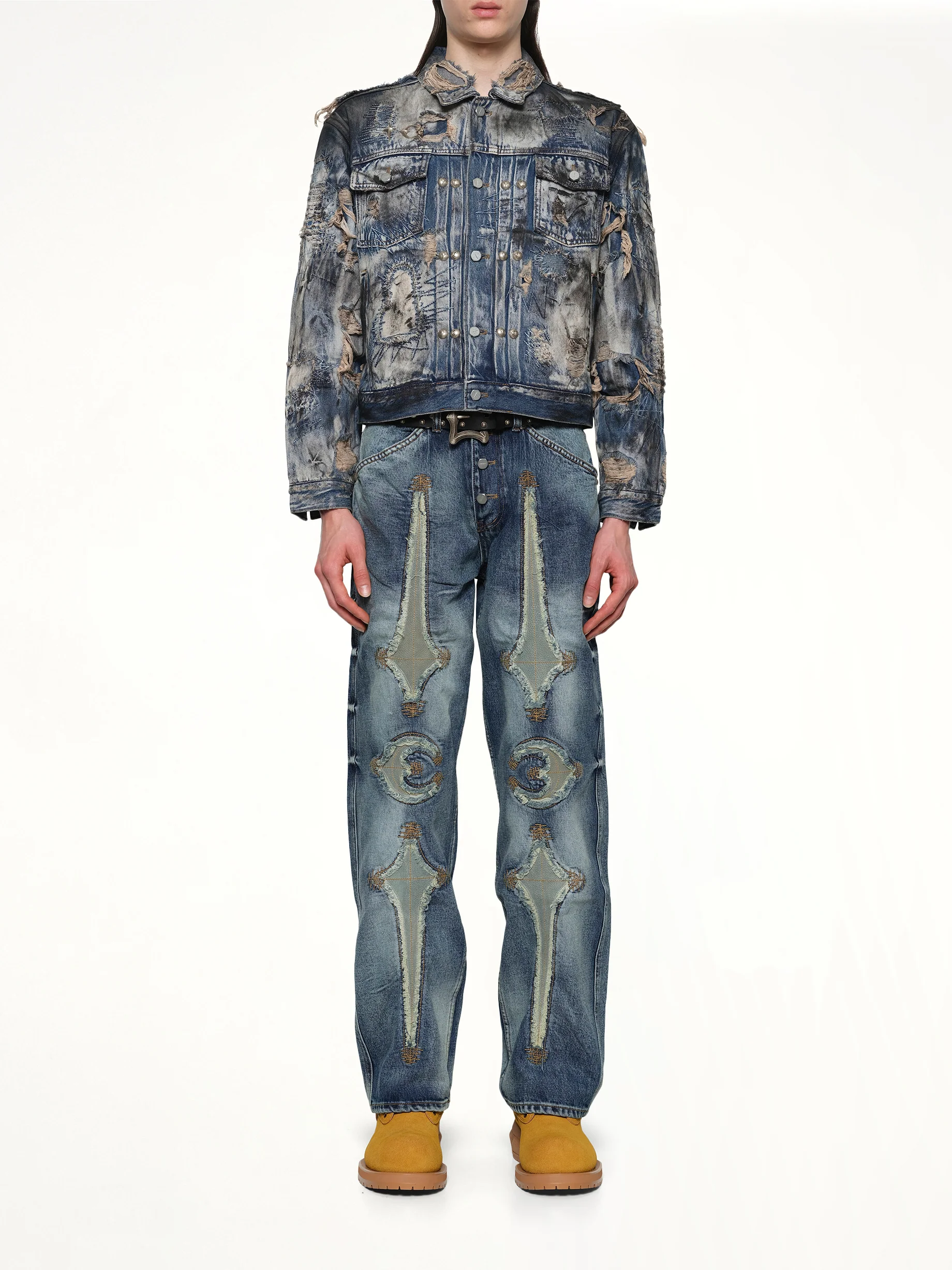 Hard-Washed Damaged Denim Jacket in Blue - Image 7