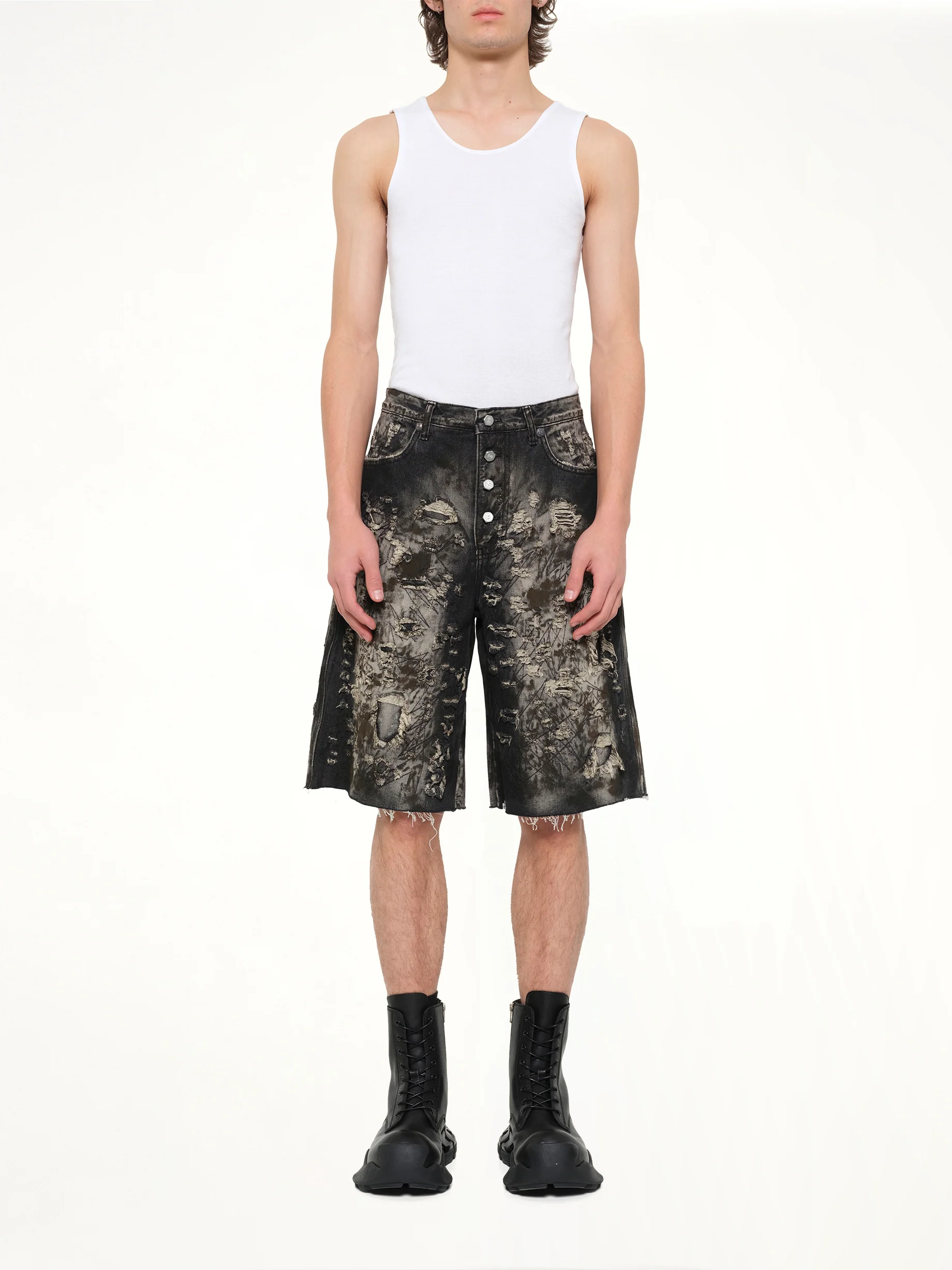 Hard Washed Destroyed Denim Shorts in Black - Image 7