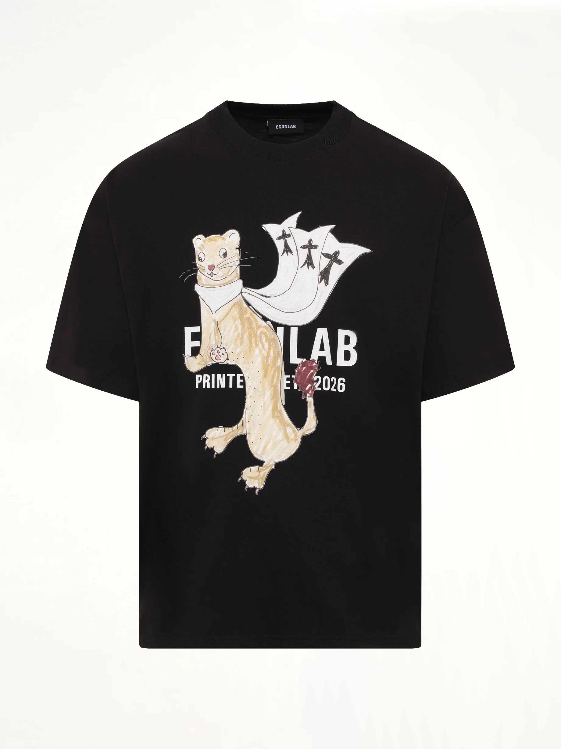 Hermine Print Cotton T-Shirt in Black - Image 2