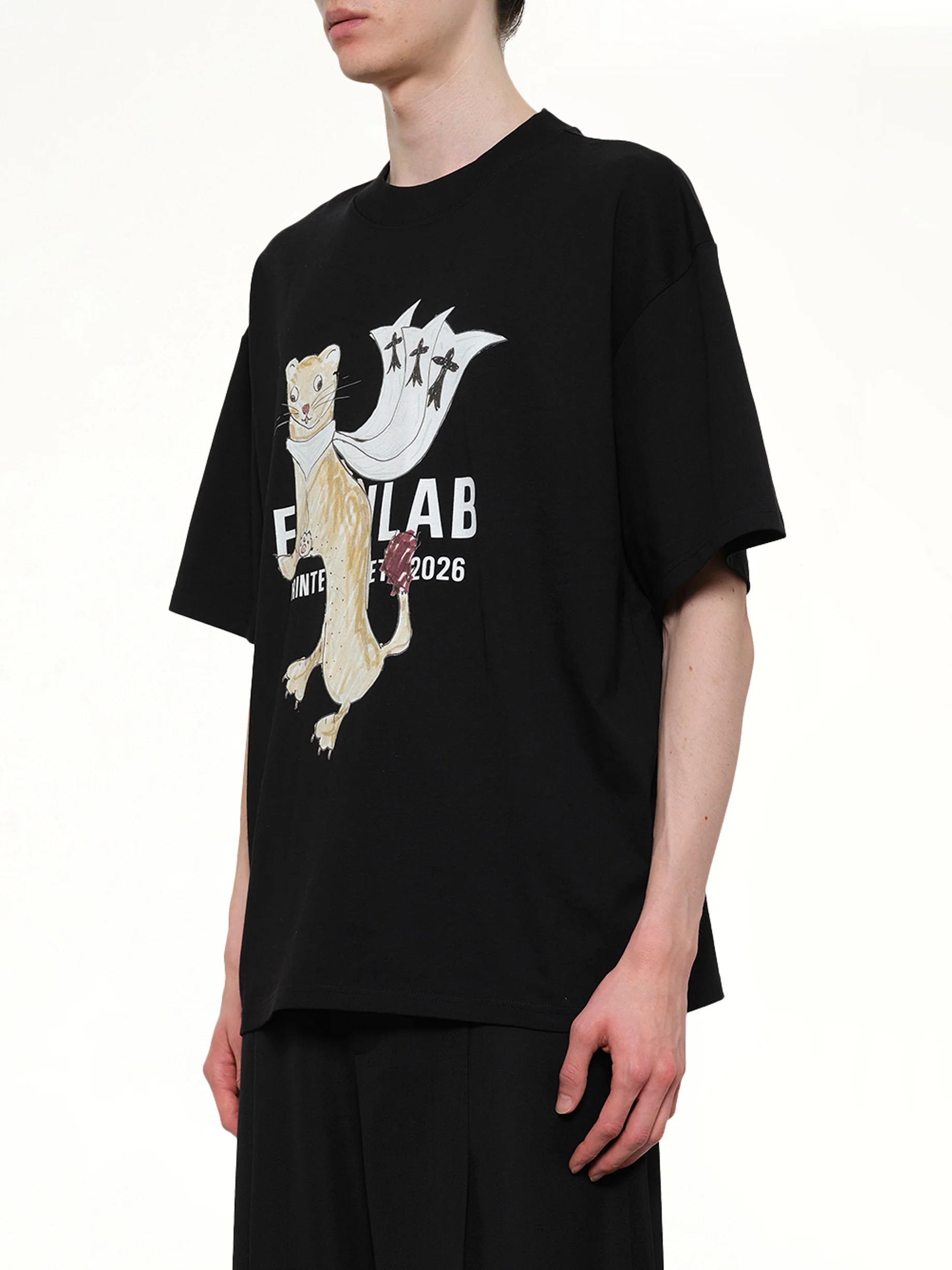 Hermine Print Cotton T-Shirt in Black - Image 3