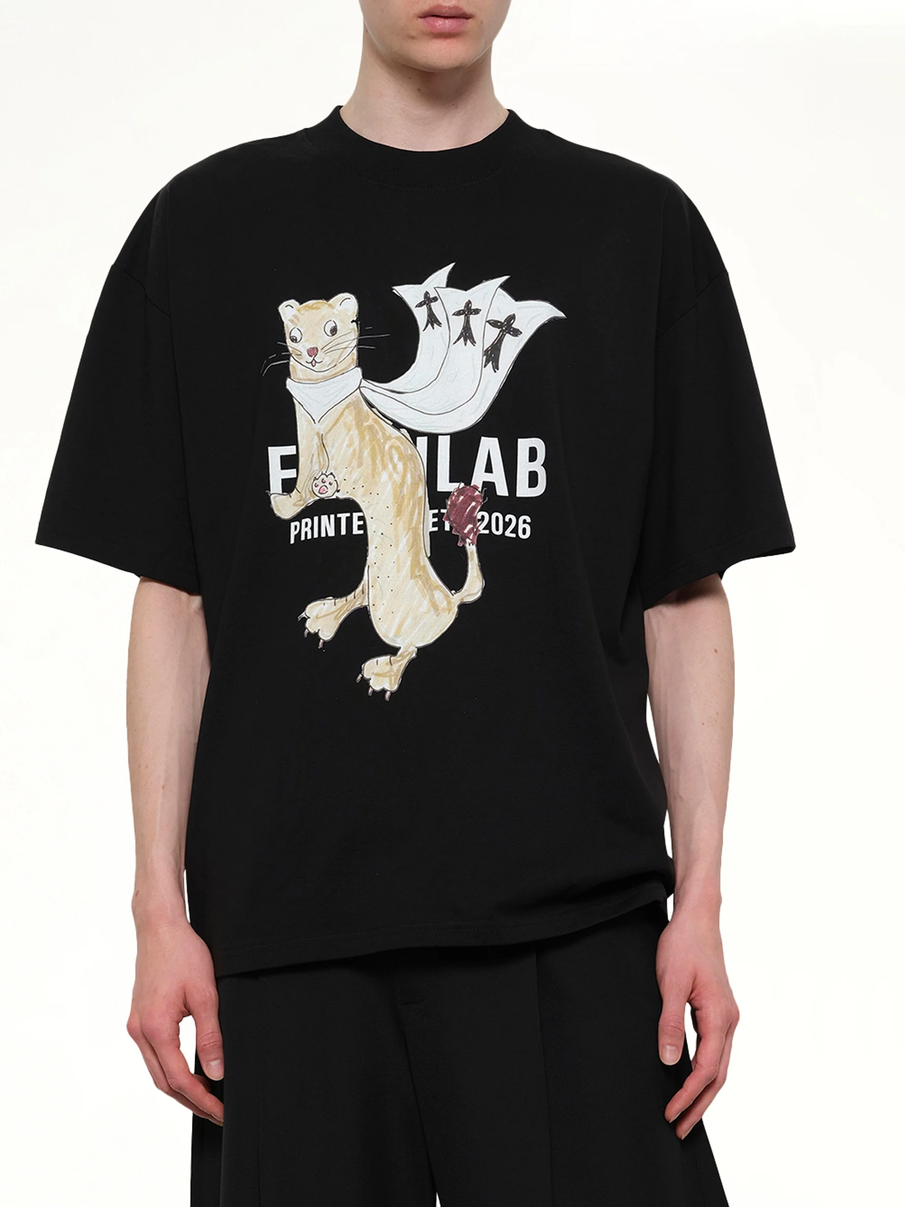 Hermine Print Cotton T-Shirt in Black - Image 6