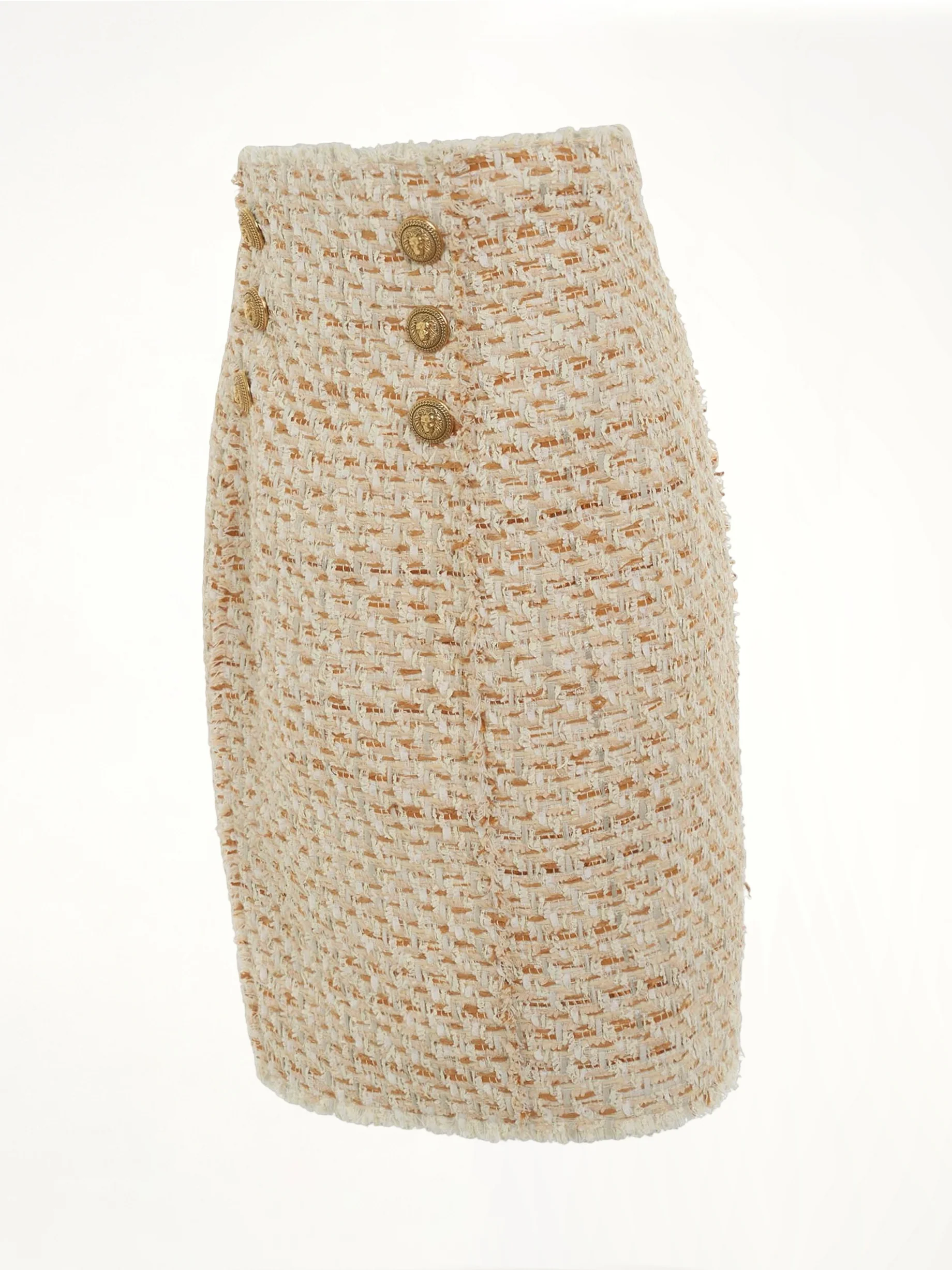 High Waisted 6 Button Tweed Short Skirt in Multi Beige - Image 2