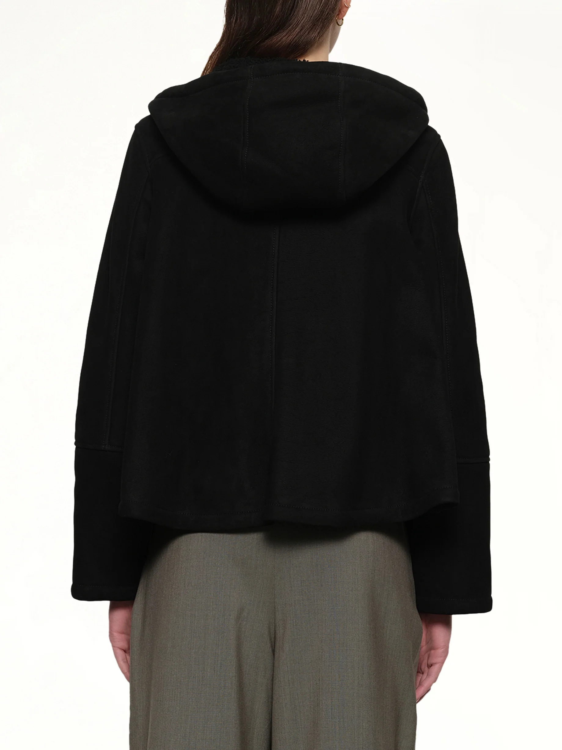 Hooded Shearling Jacket in Black - Image 5