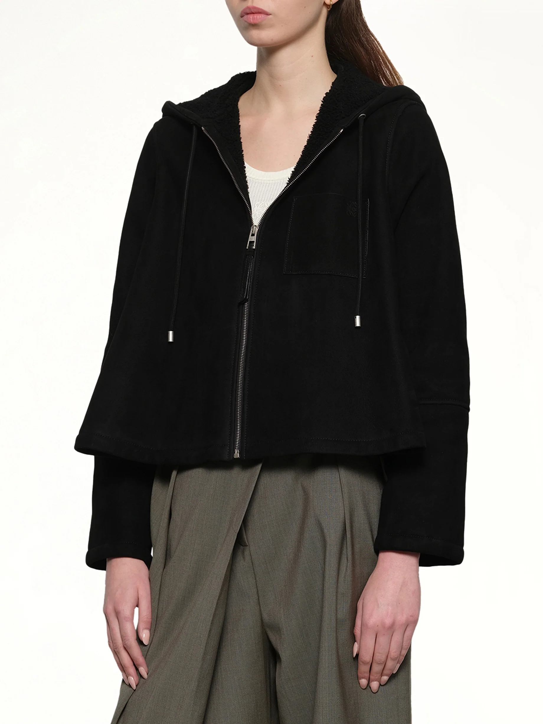 Hooded Shearling Jacket in Black - Image 6