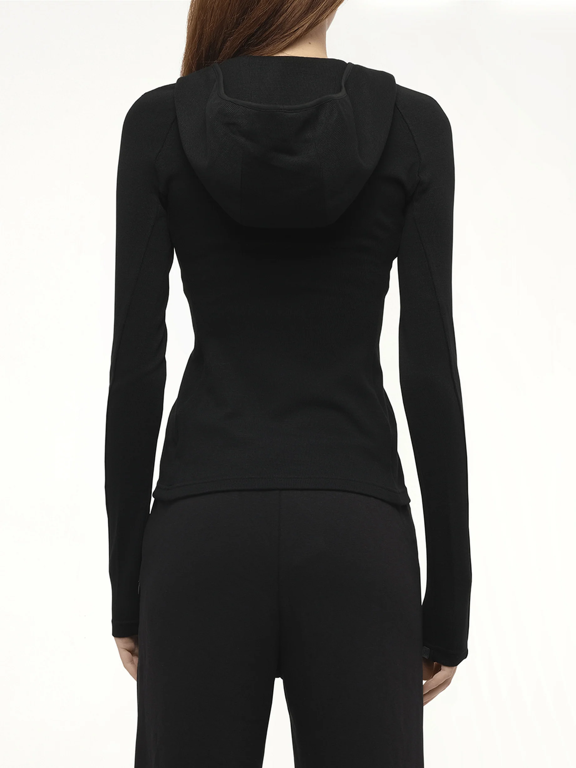 Hooded V-Neck Long Sleeve Top in Black - Image 6