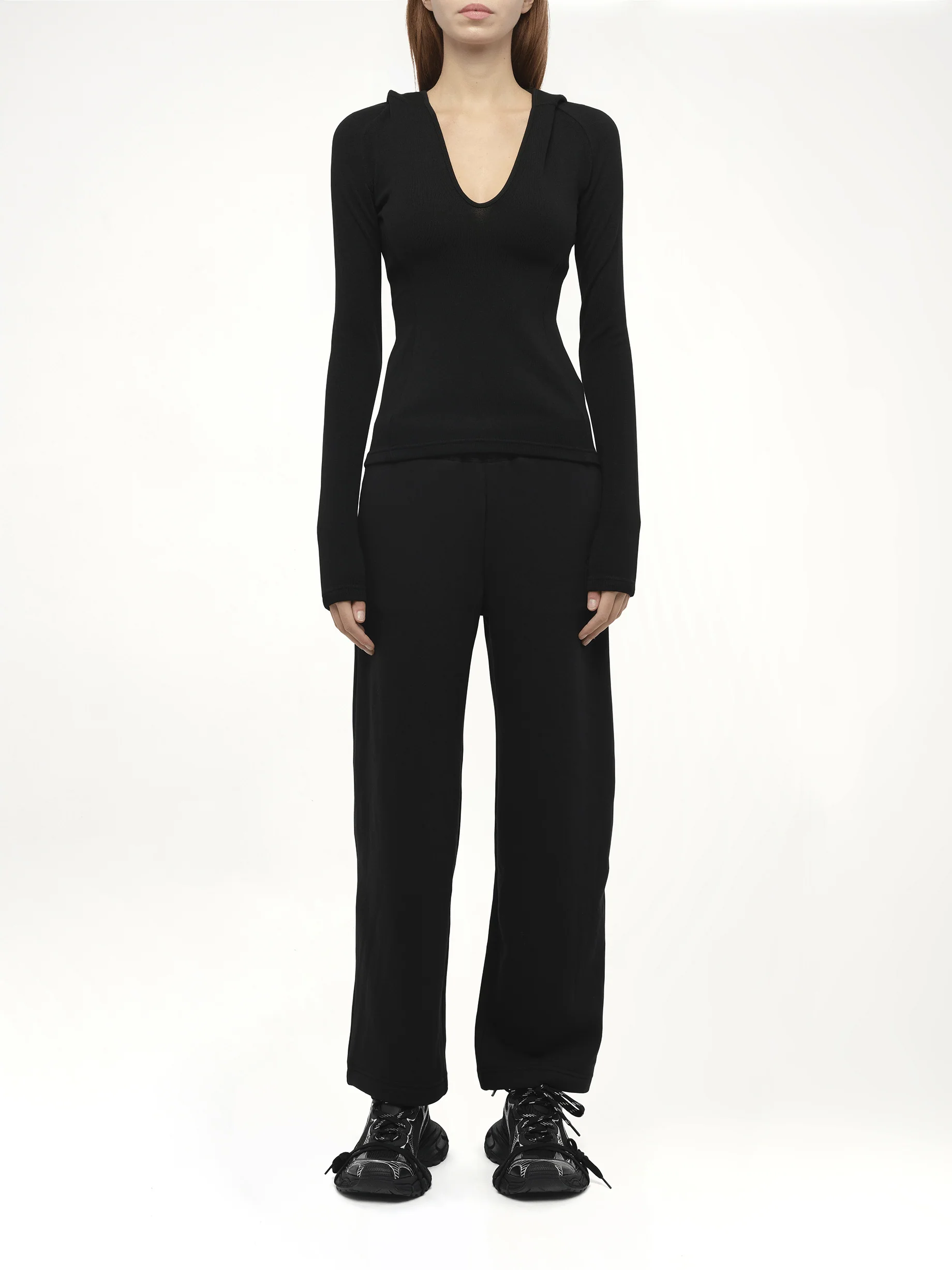 Hooded V-Neck Long Sleeve Top in Black - Image 7