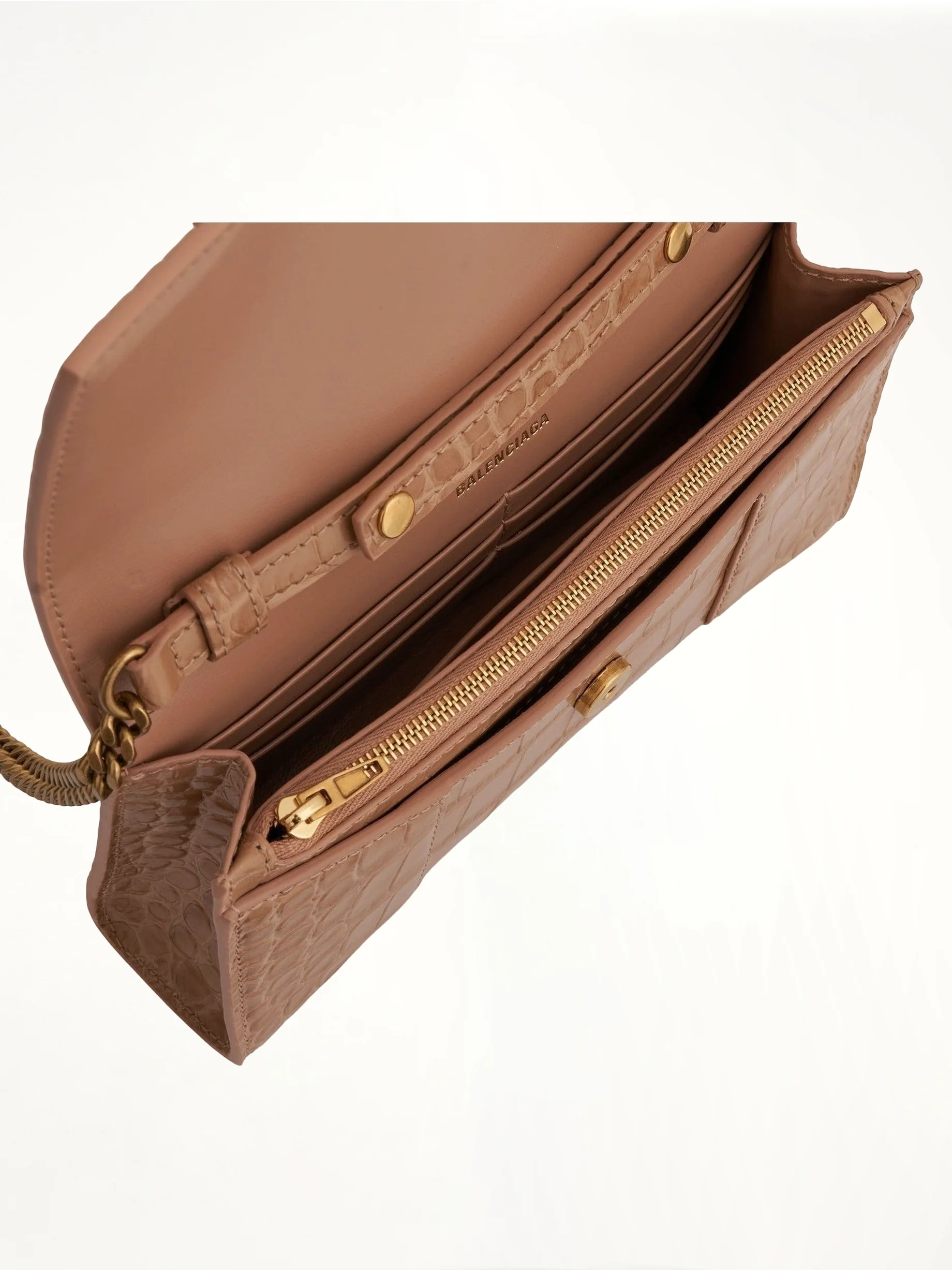 Hourglass Embossed Croc Wallet On Chain in Nude Beige - Image 4