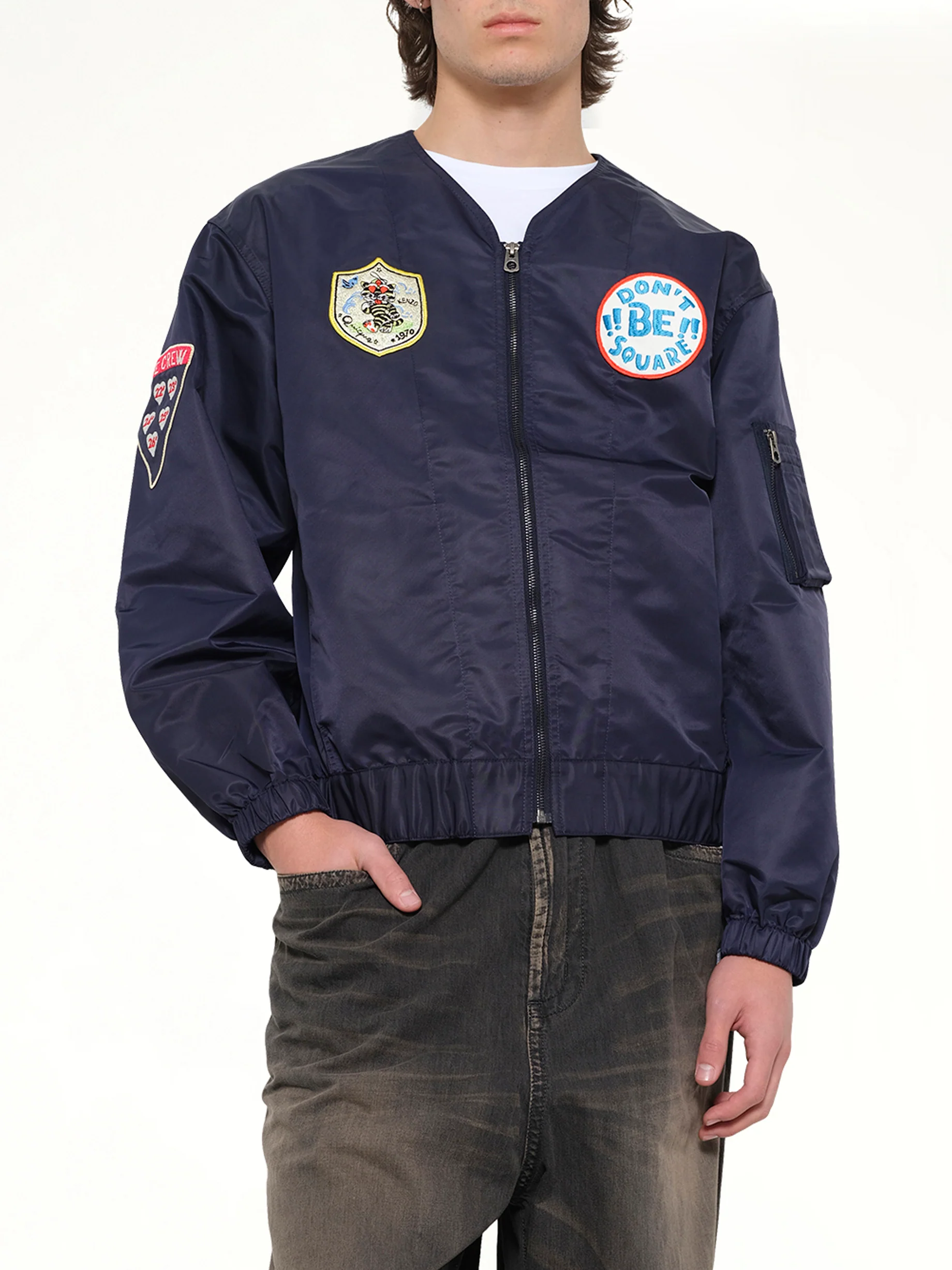 Kenzo Badges Collarless Bomber in Navy Blue - Image 6