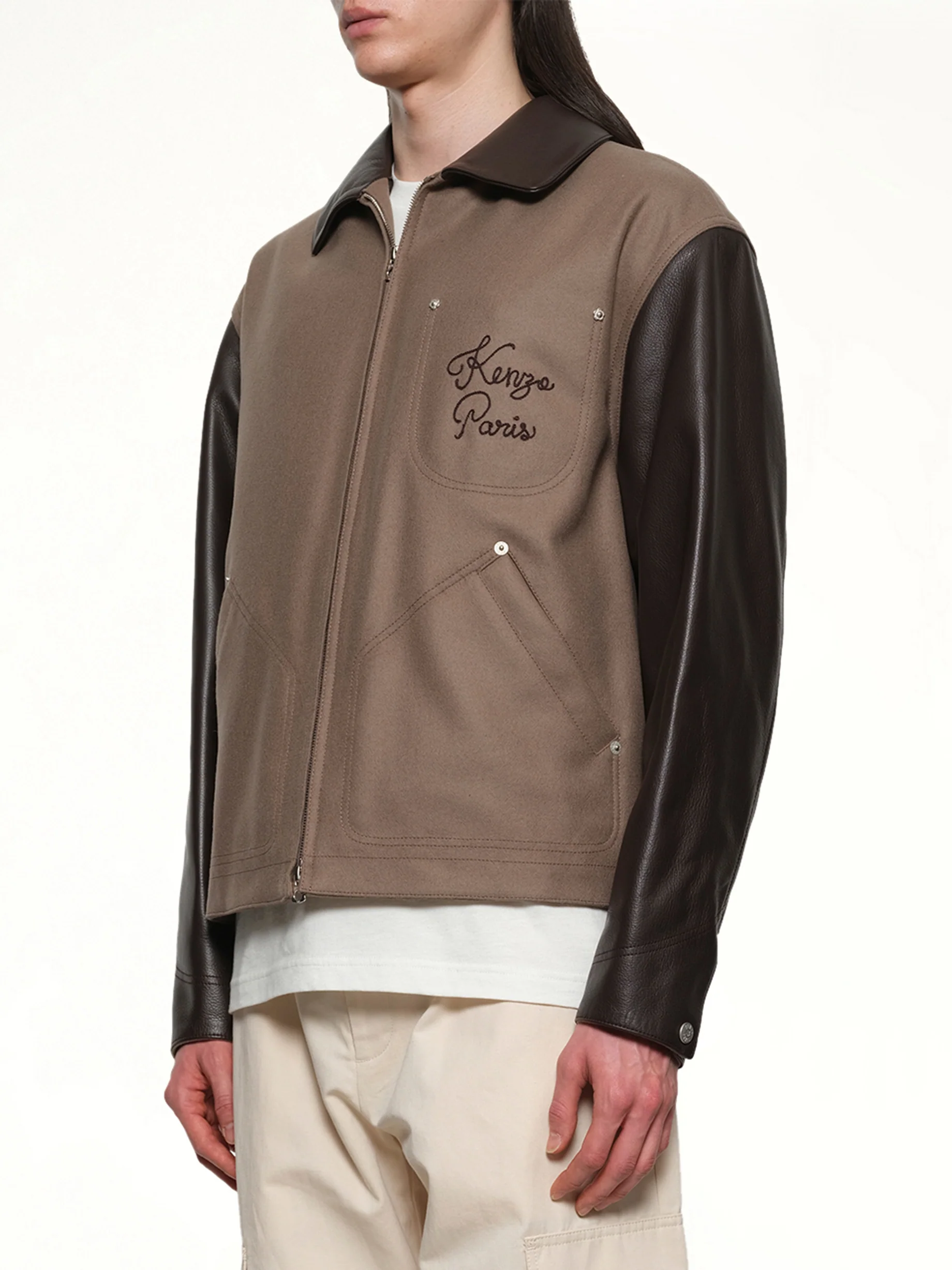 Kenzo Paris Chainstitch Leather Wool Blouson in Taupe - Image 3