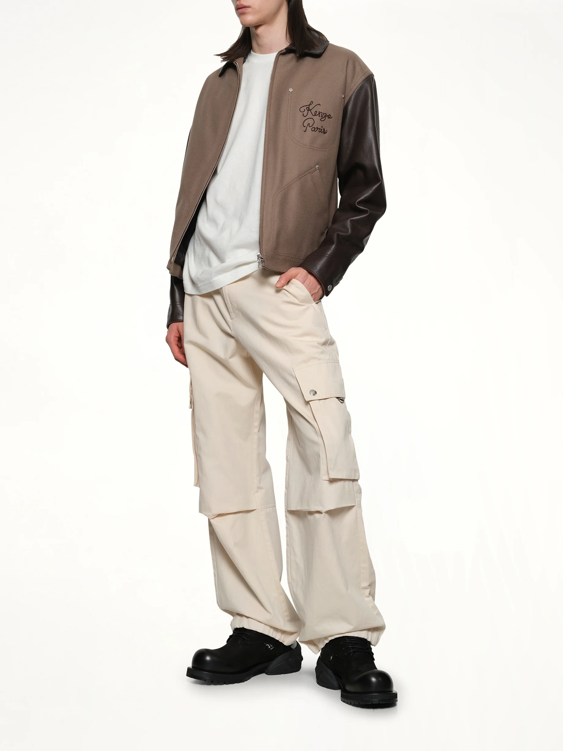 Kenzo Paris Chainstitch Leather Wool Blouson in Taupe - Image 4
