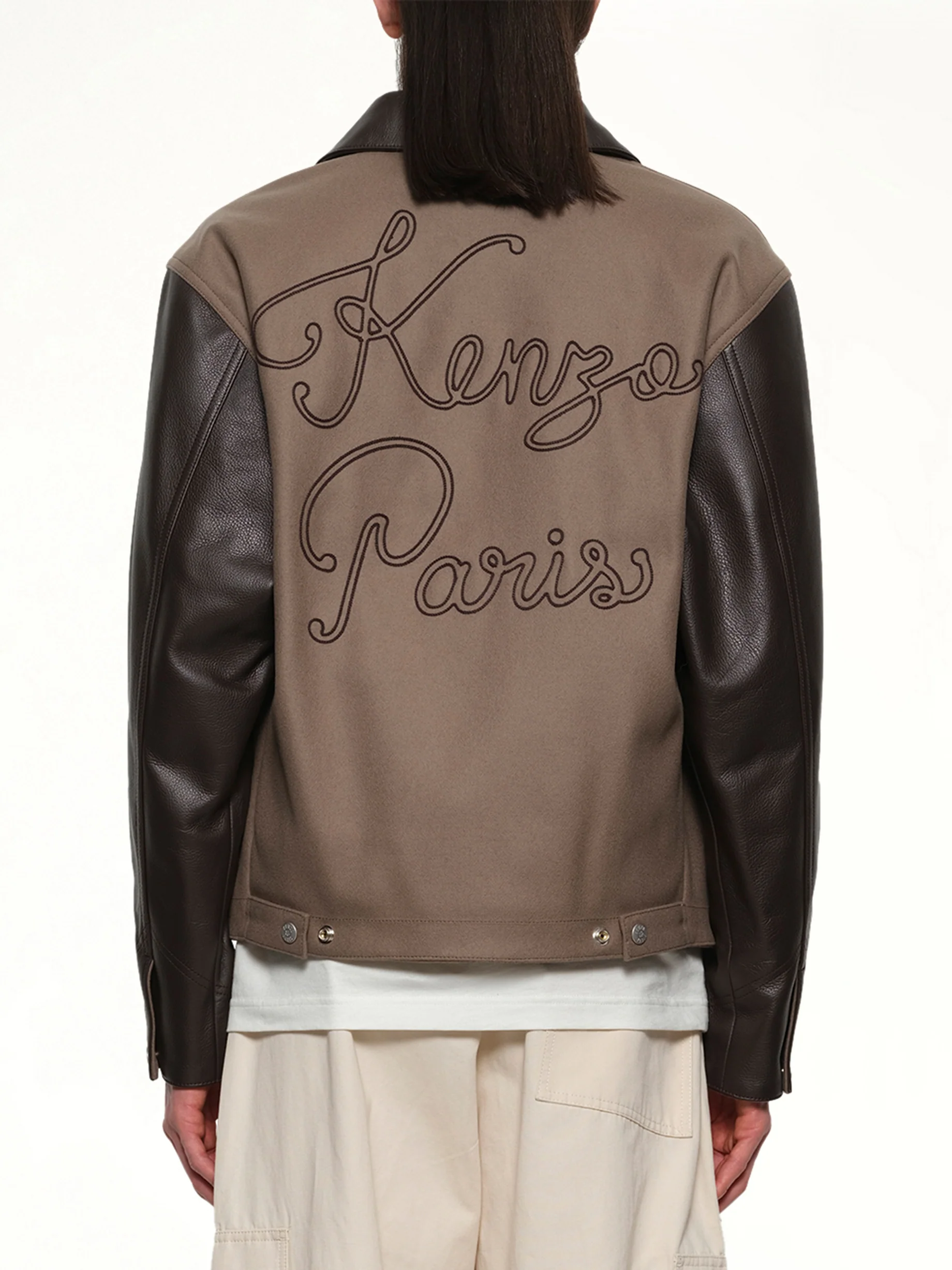 Kenzo Paris Chainstitch Leather Wool Blouson in Taupe - Image 5