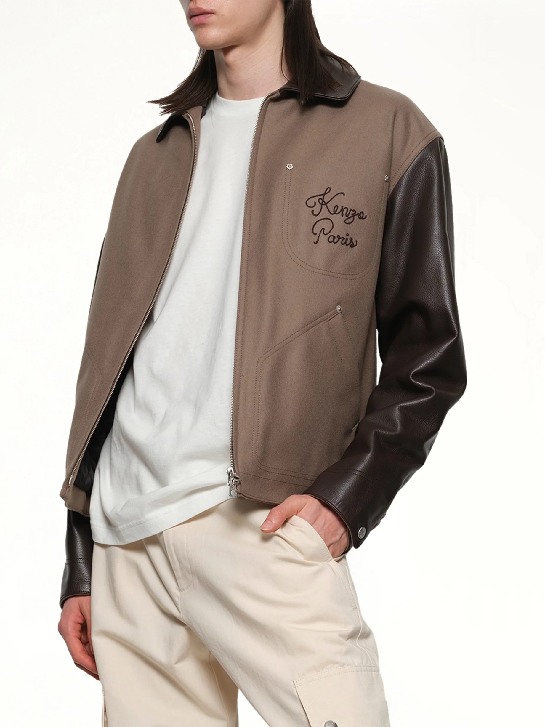 Kenzo Paris Chainstitch Leather Wool Blouson in Taupe - Image 6