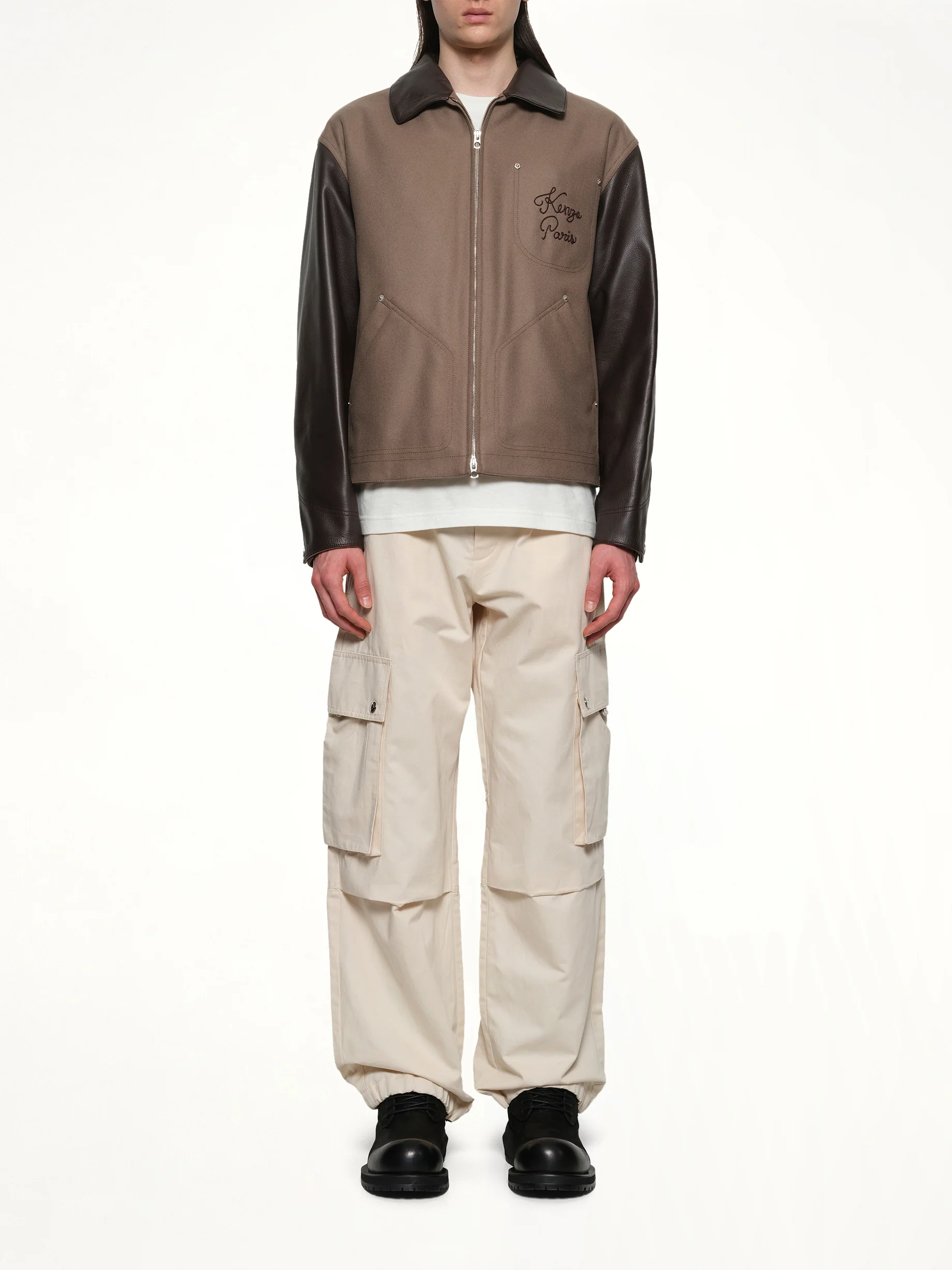 Kenzo Paris Chainstitch Leather Wool Blouson in Taupe - Image 7