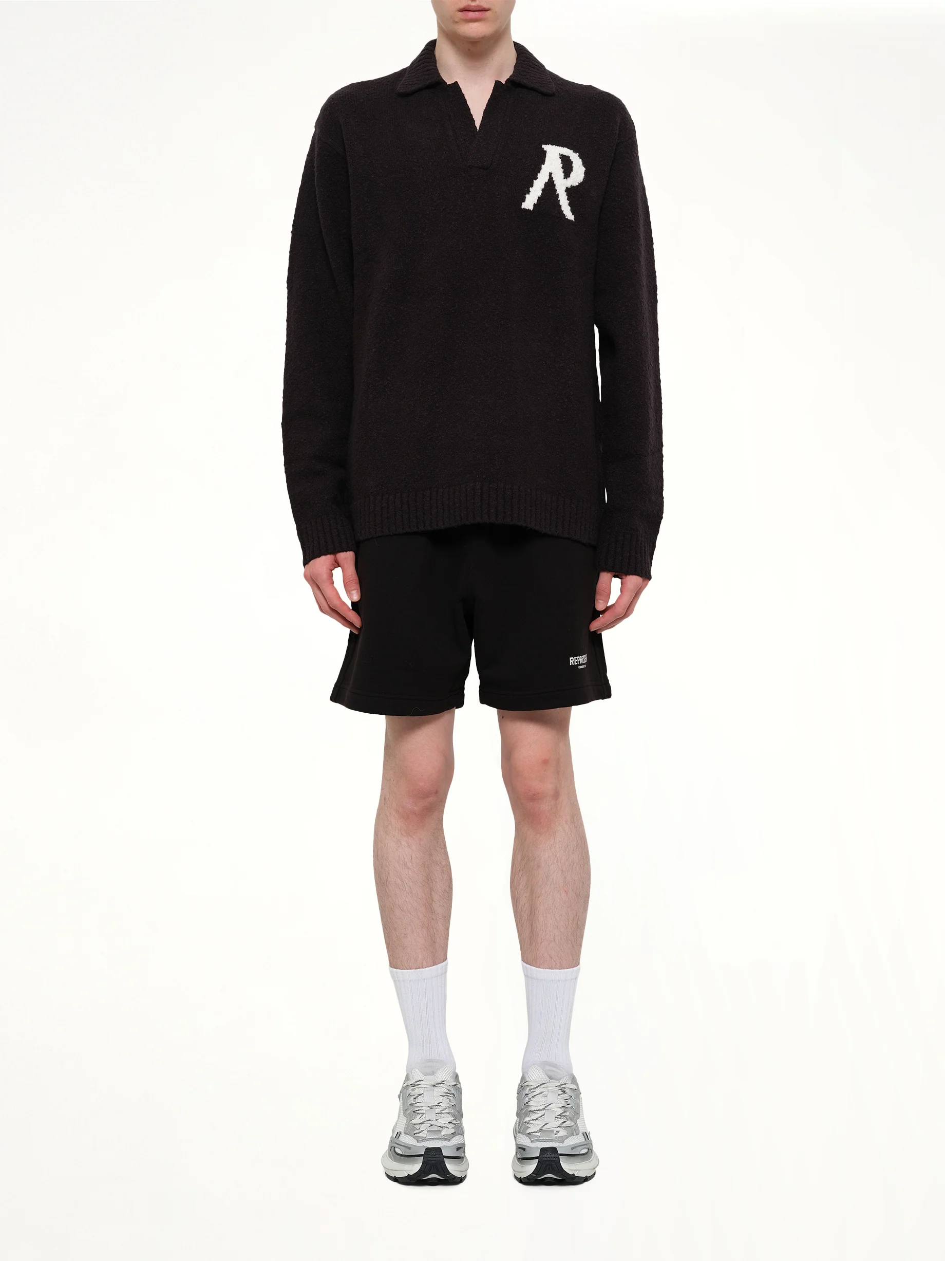 Knitted Boucle Polo in Jet Black - Image 7