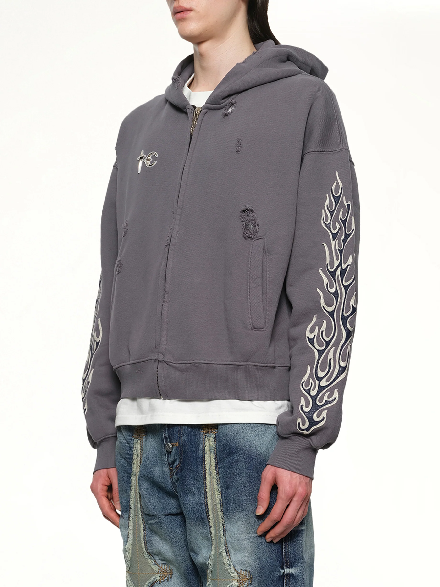 Leather Flame Hooded Zip-Up in Grey - Image 3