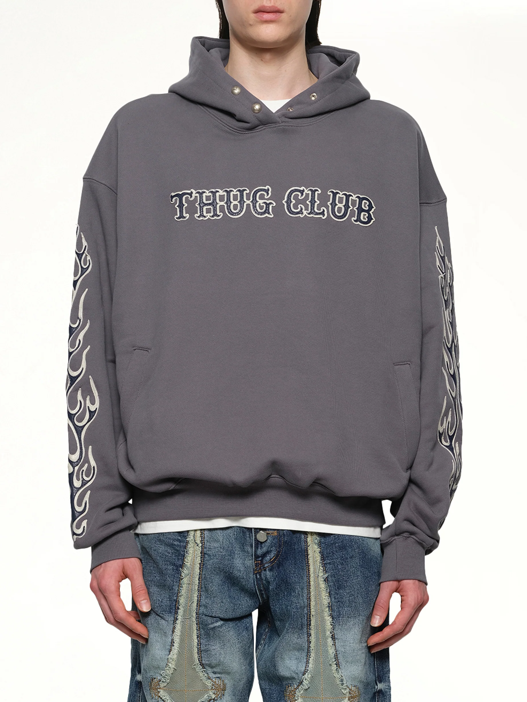 Leather Flame Hoodie in Grey