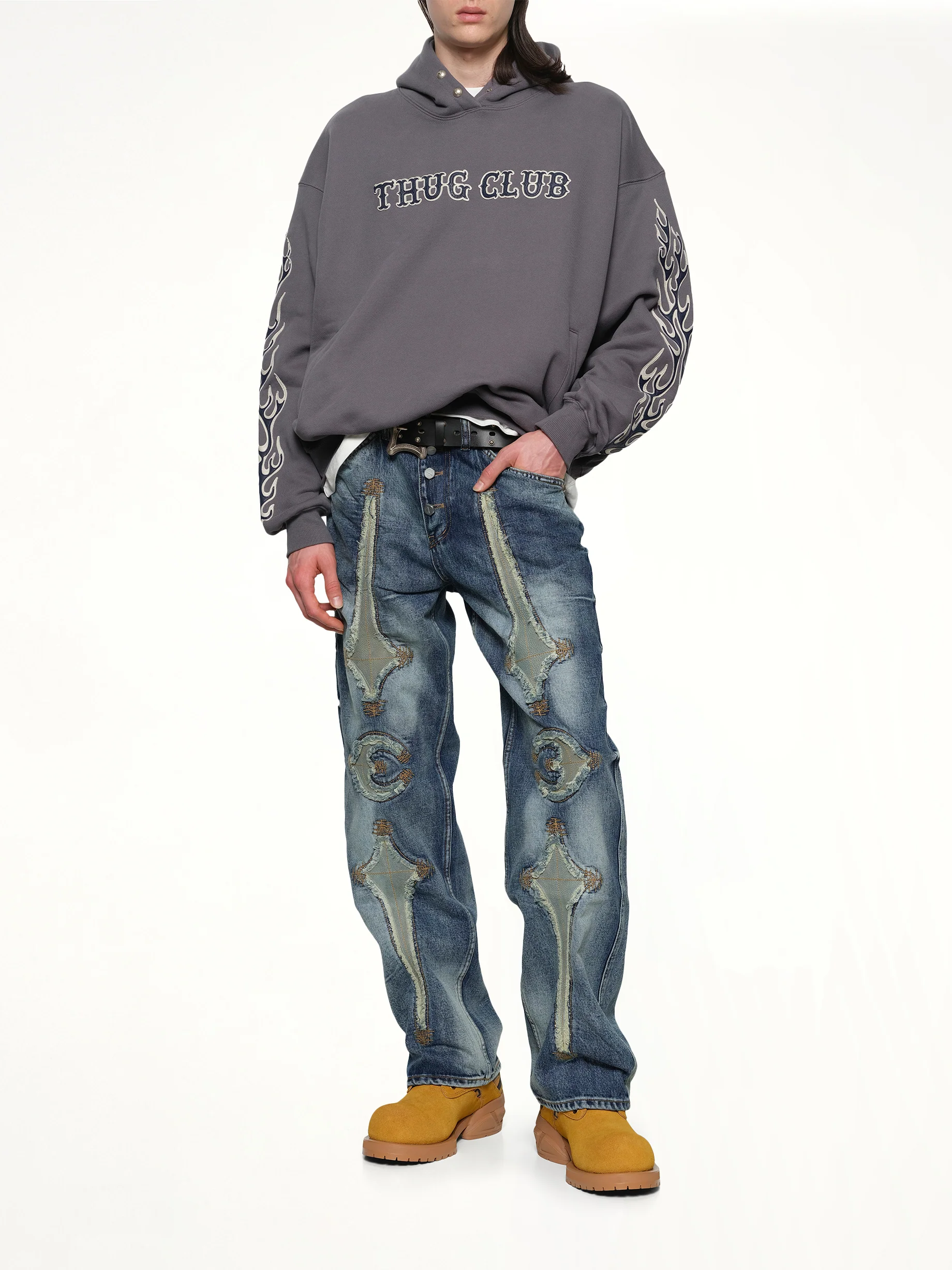 Leather Flame Hoodie in Grey - Image 4