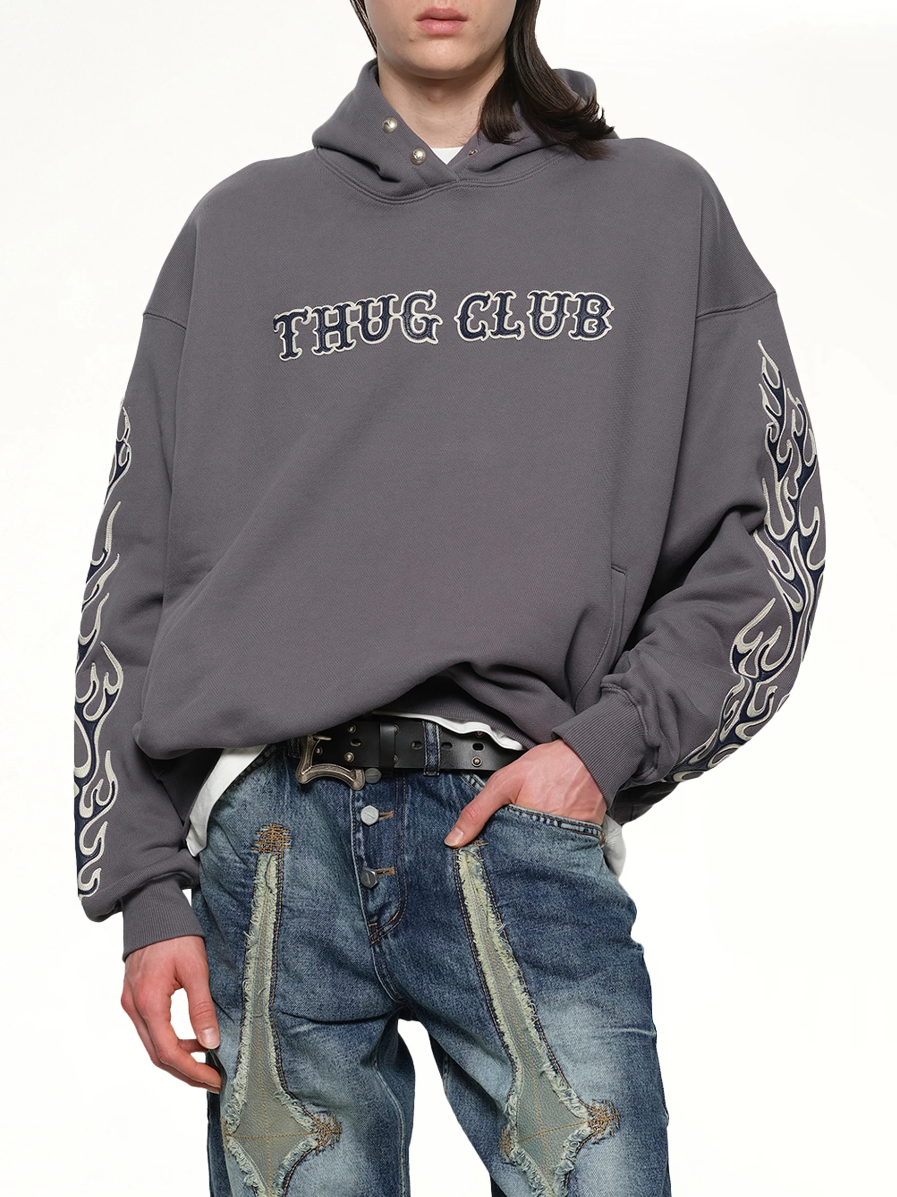 Leather Flame Hoodie in Grey - Image 6