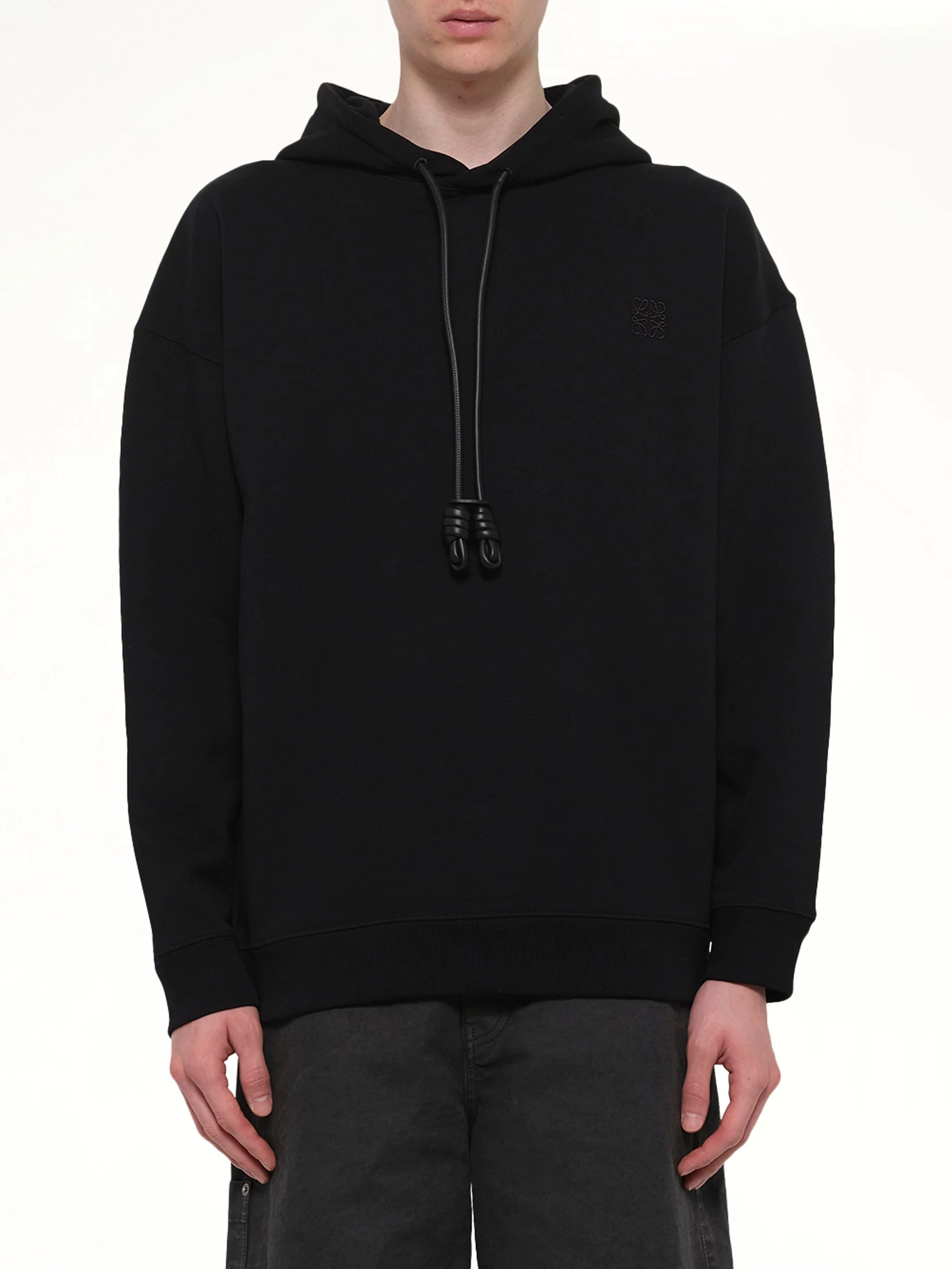 Leather Tassle Hoodie in Black