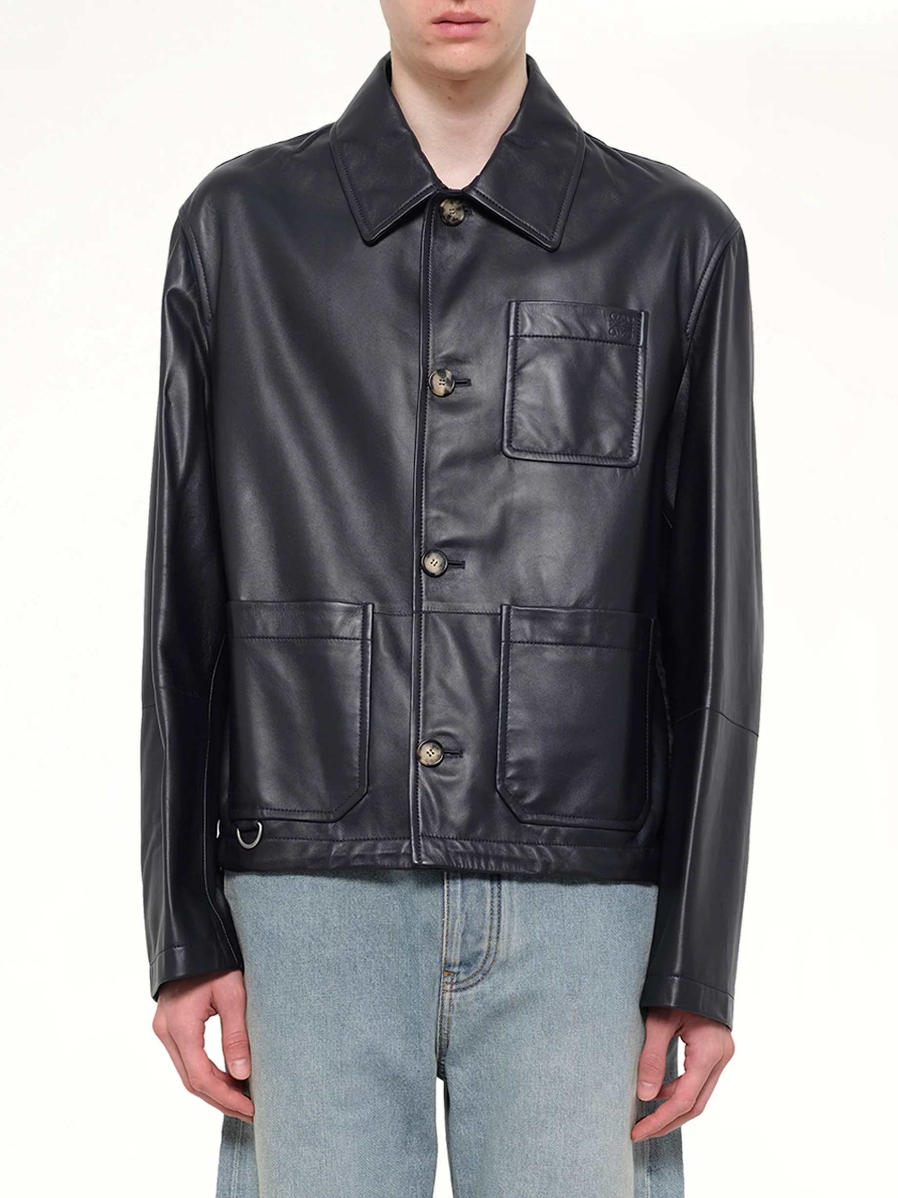 Leather Workwear Jacket in Navy Blue