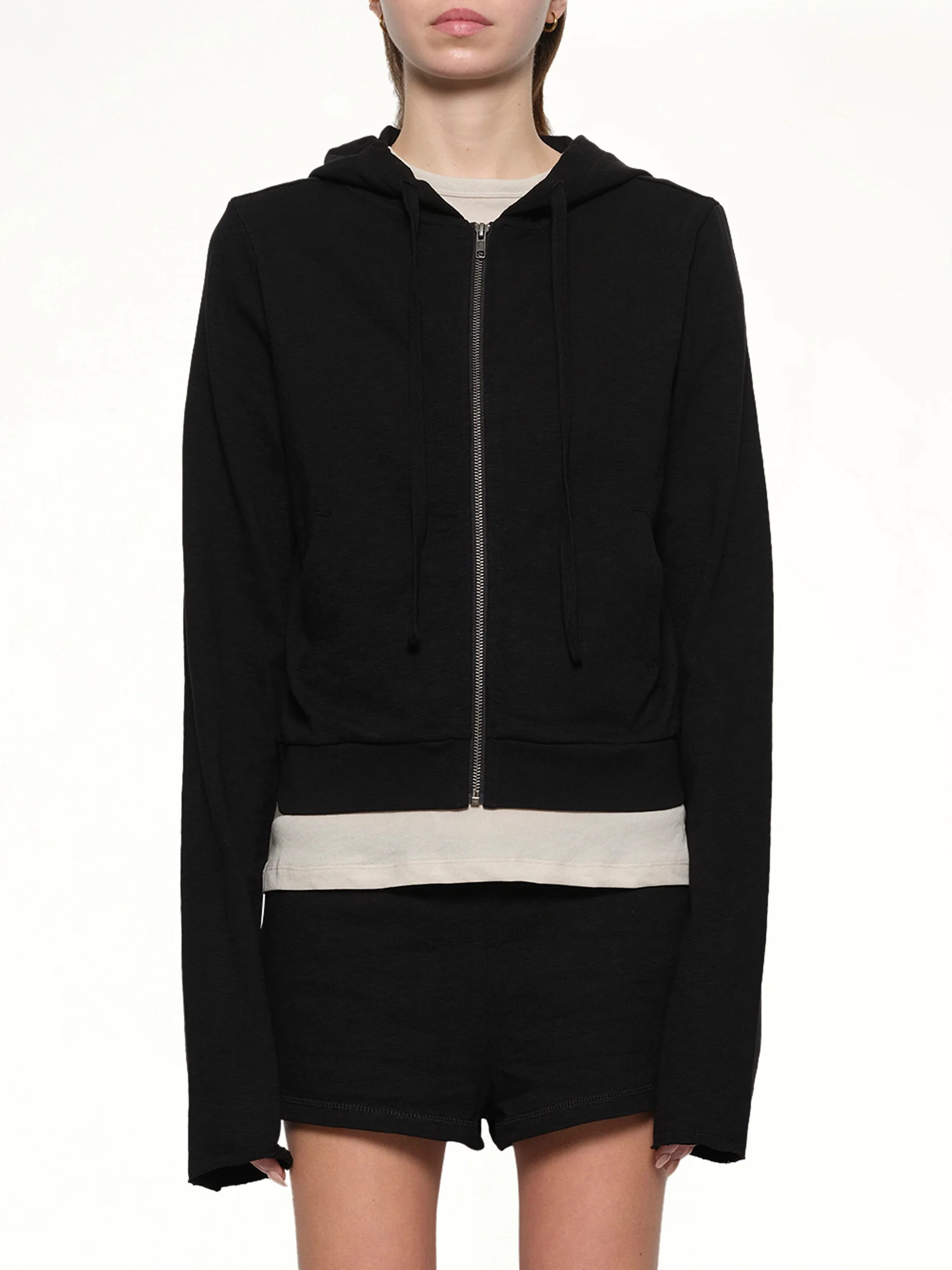 Lightweight Cropped Zip-Up Hoodie in Black