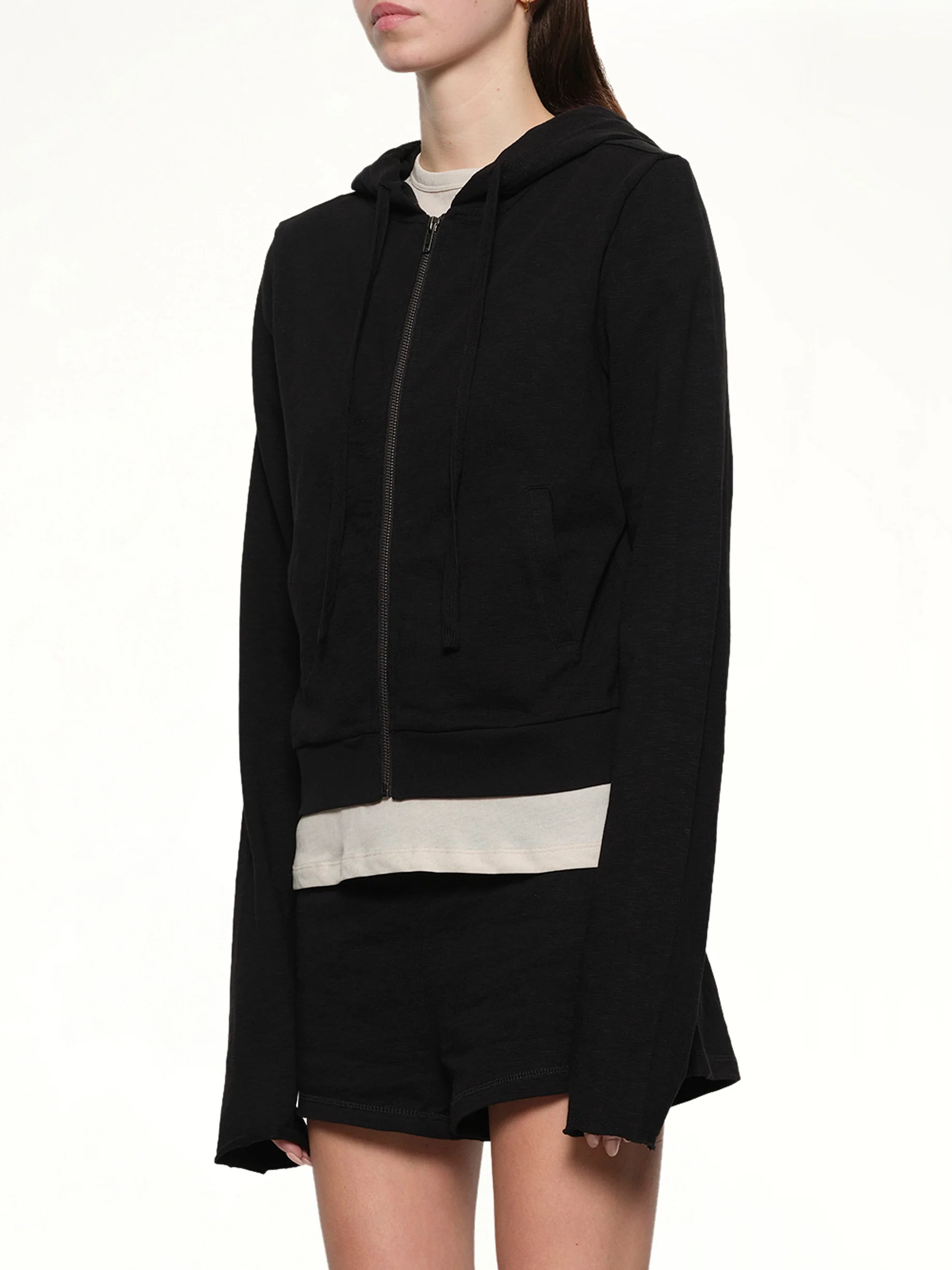 Lightweight Cropped Zip-Up Hoodie in Black - Image 3