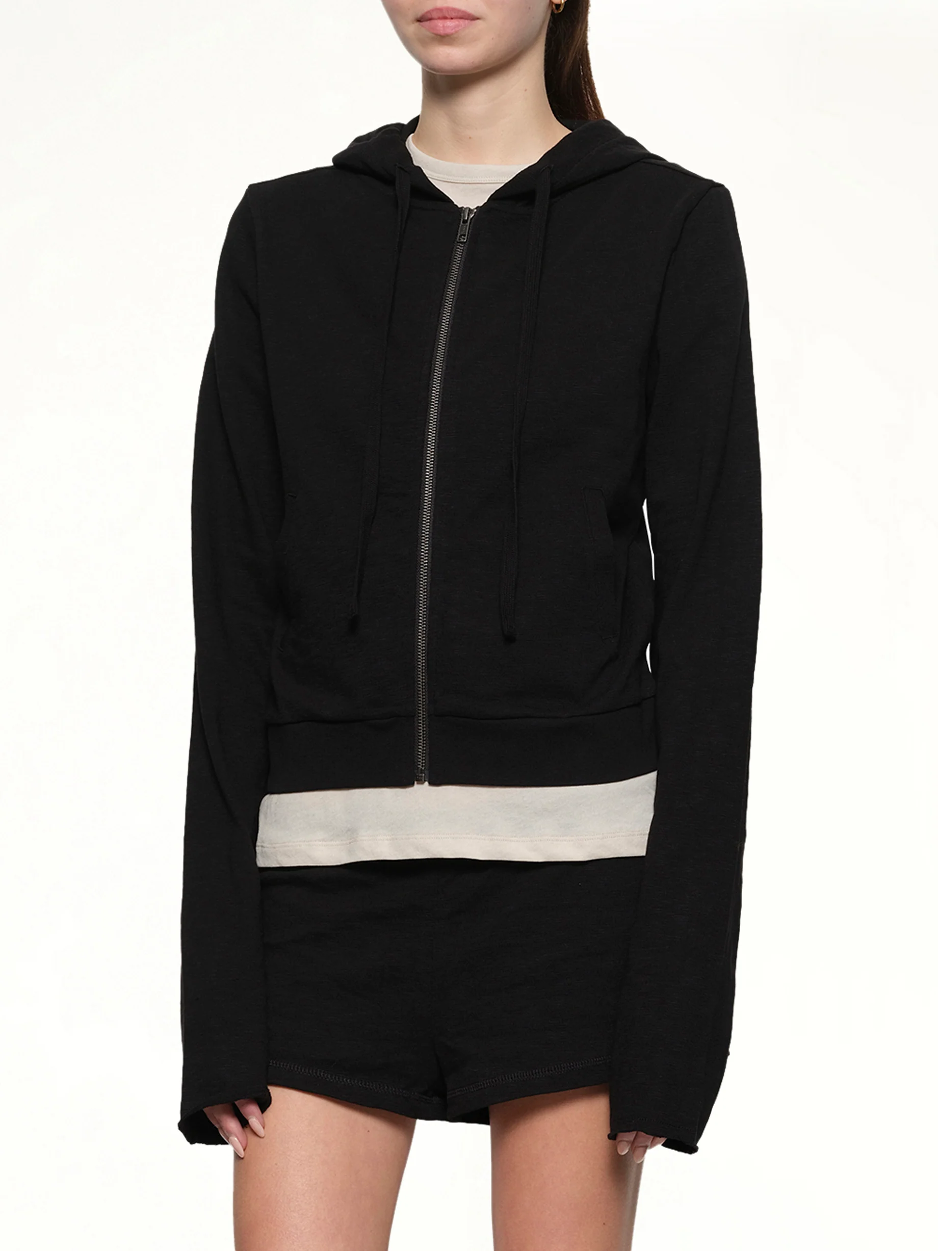 Lightweight Cropped Zip-Up Hoodie in Black - Image 6