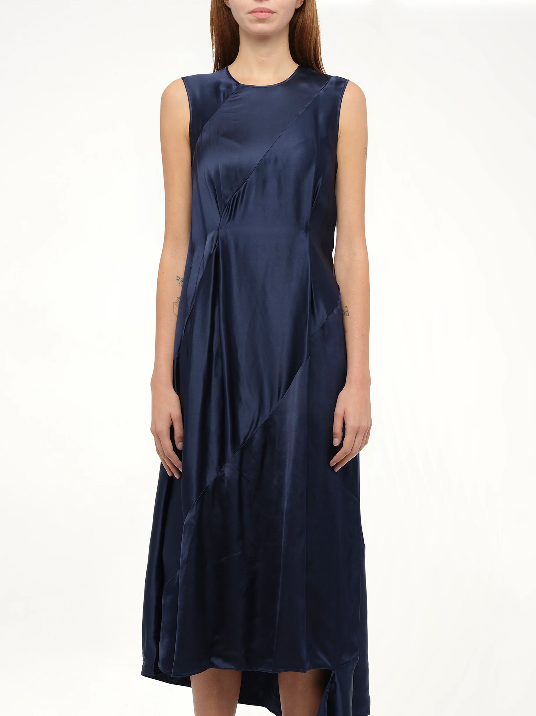 Sleeveless Satin Dress in Navy