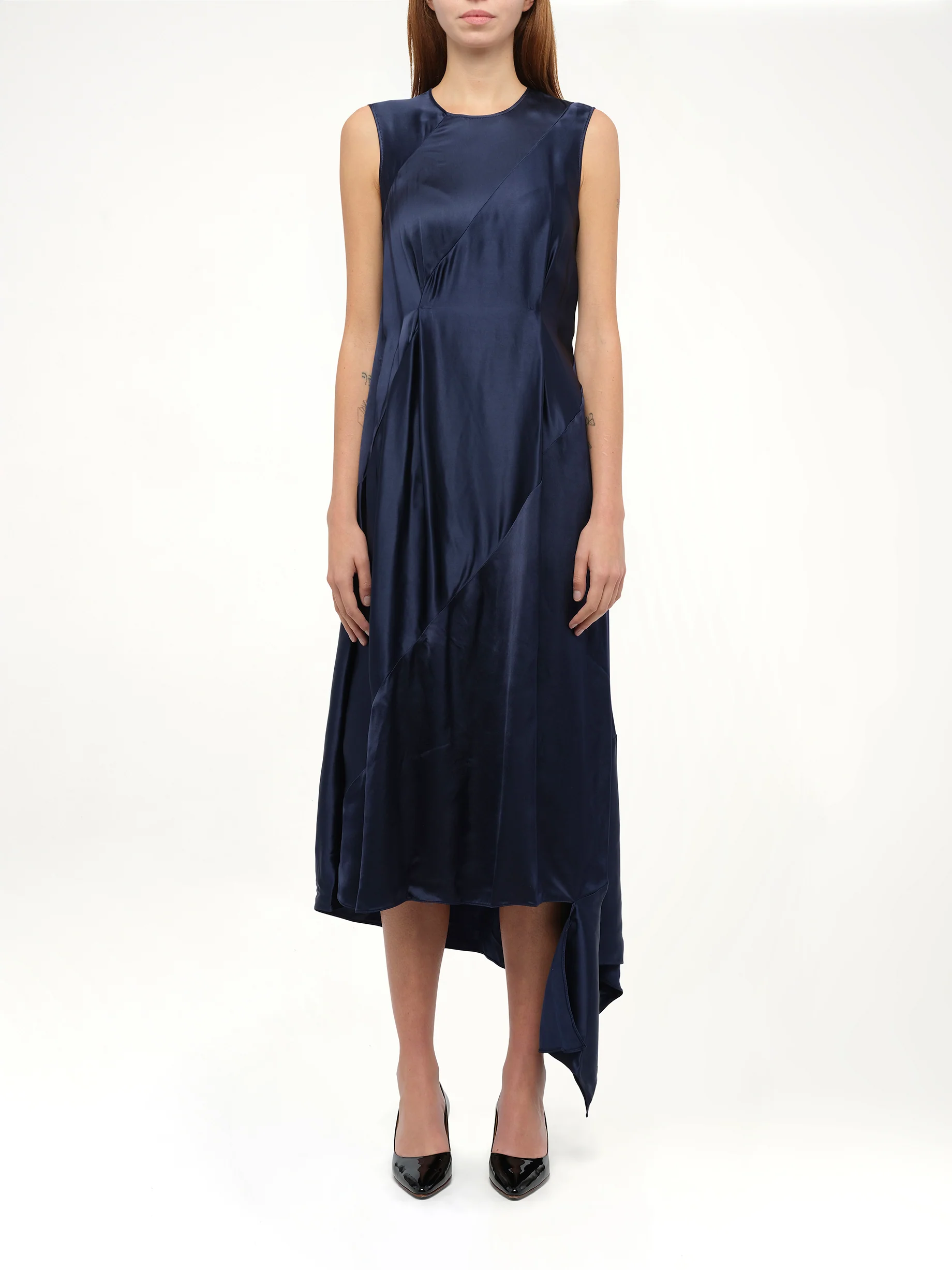 Sleeveless Satin Dress in Navy - Image 4