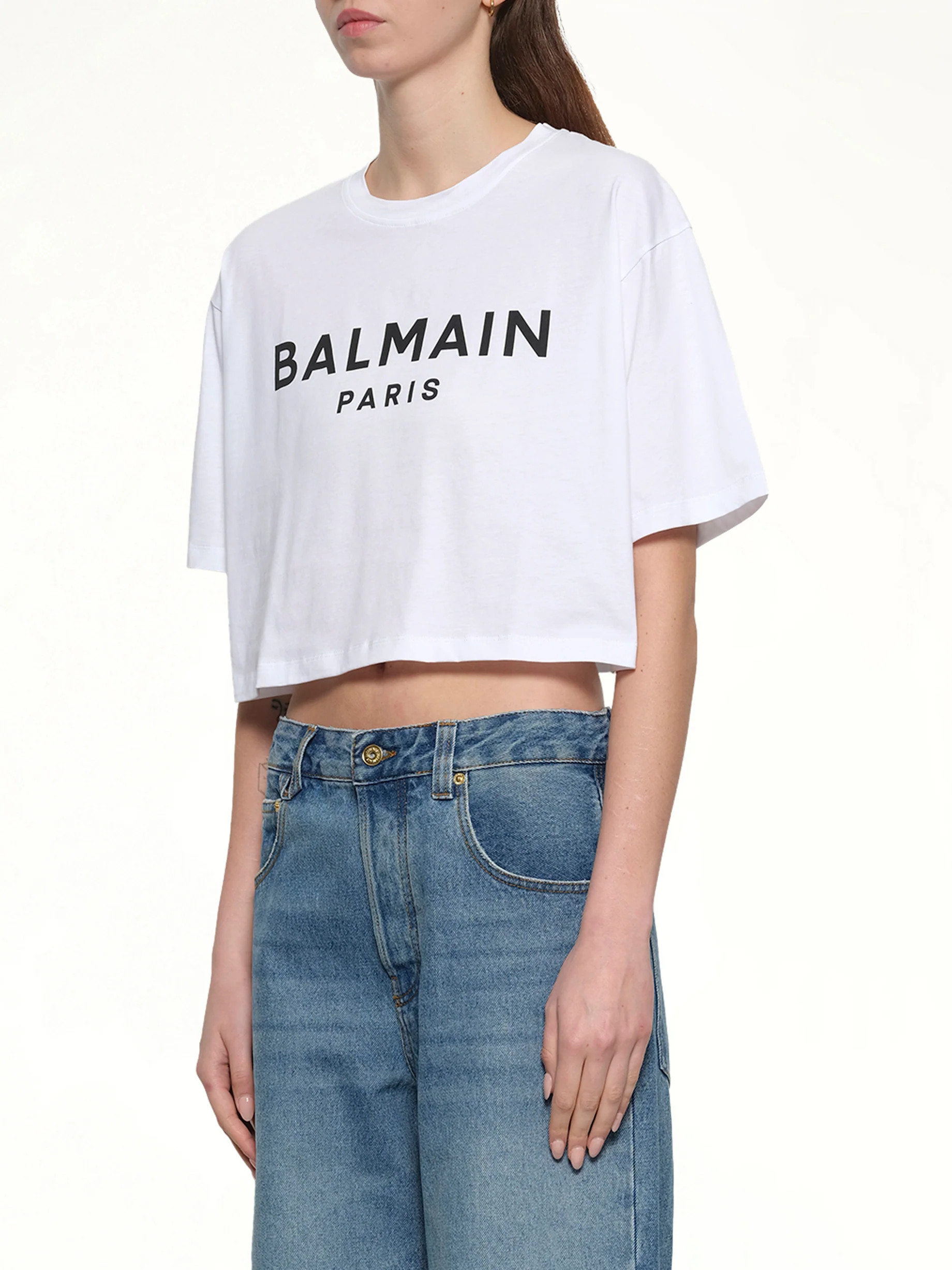 Logo Print Cropped T-Shirt in White/Black - Image 3