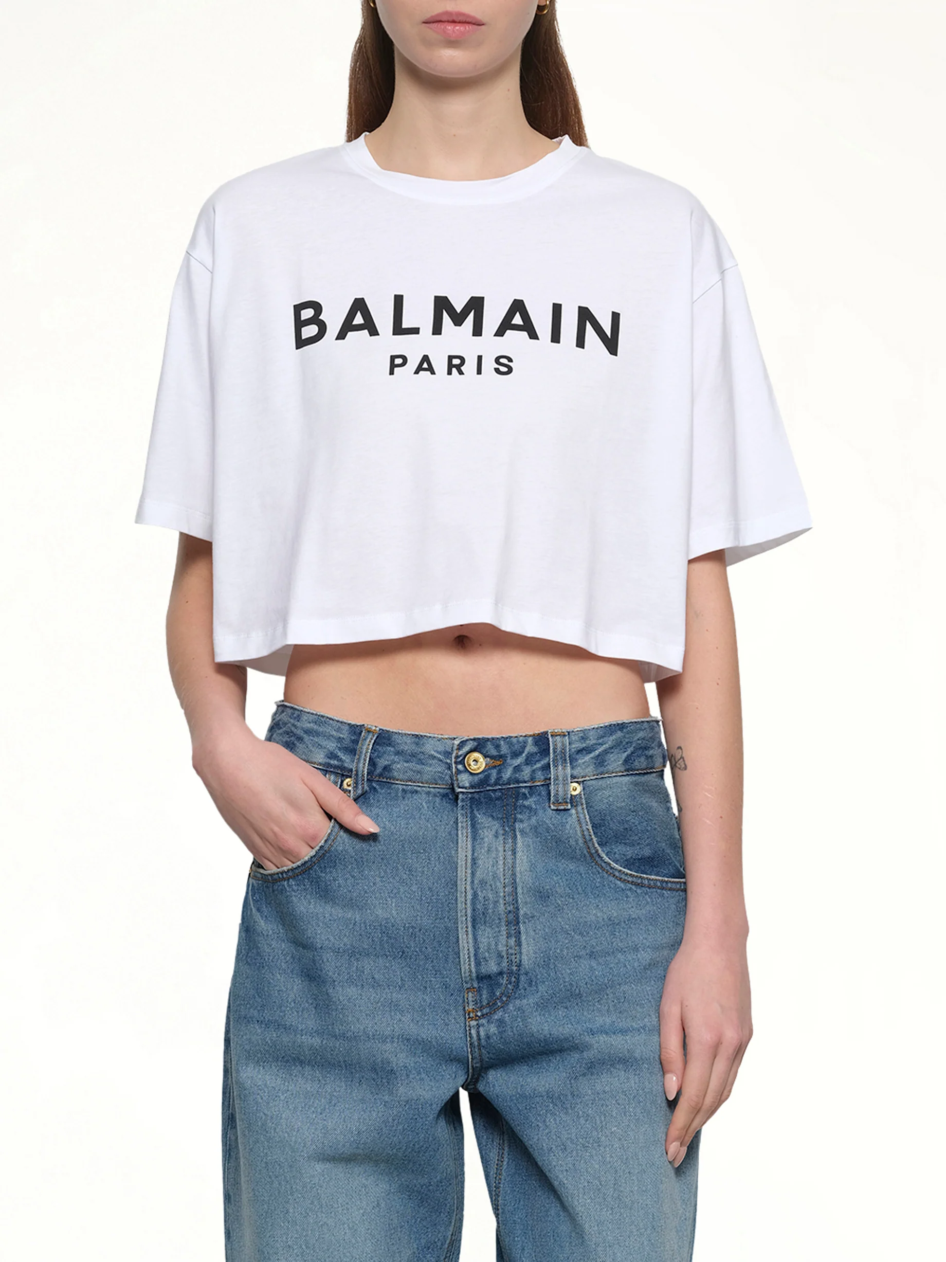 Logo Print Cropped T-Shirt in White/Black - Image 6
