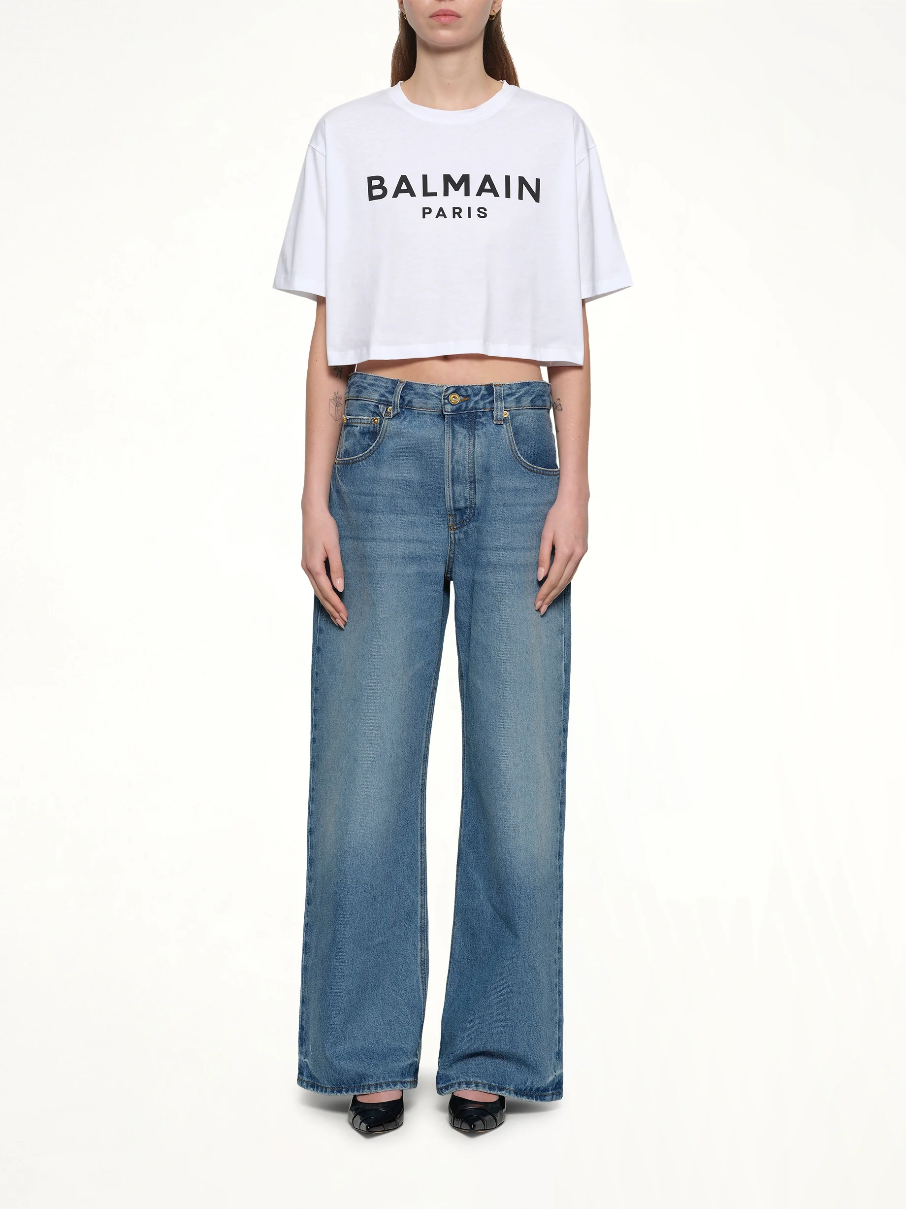 Logo Print Cropped T-Shirt in White/Black - Image 7