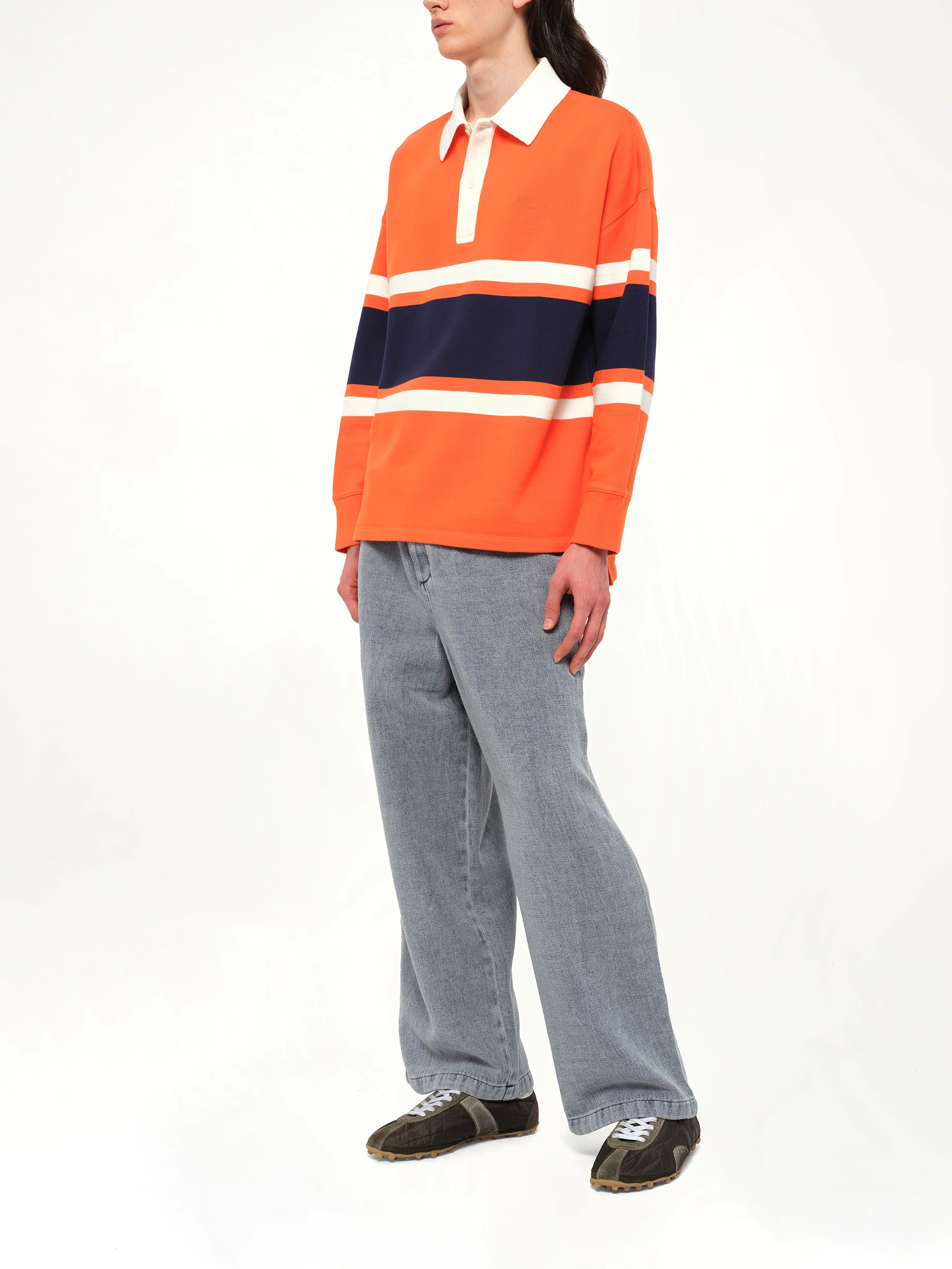 Long Sleeve Polo in Orange/Navy Blue - Image 4