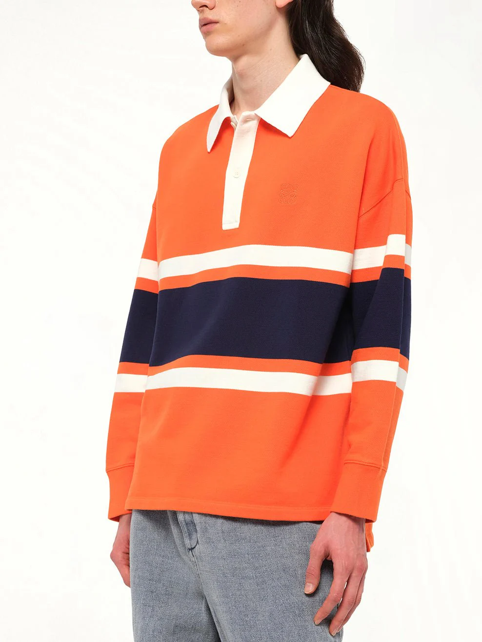 Long Sleeve Polo in Orange/Navy Blue - Image 6