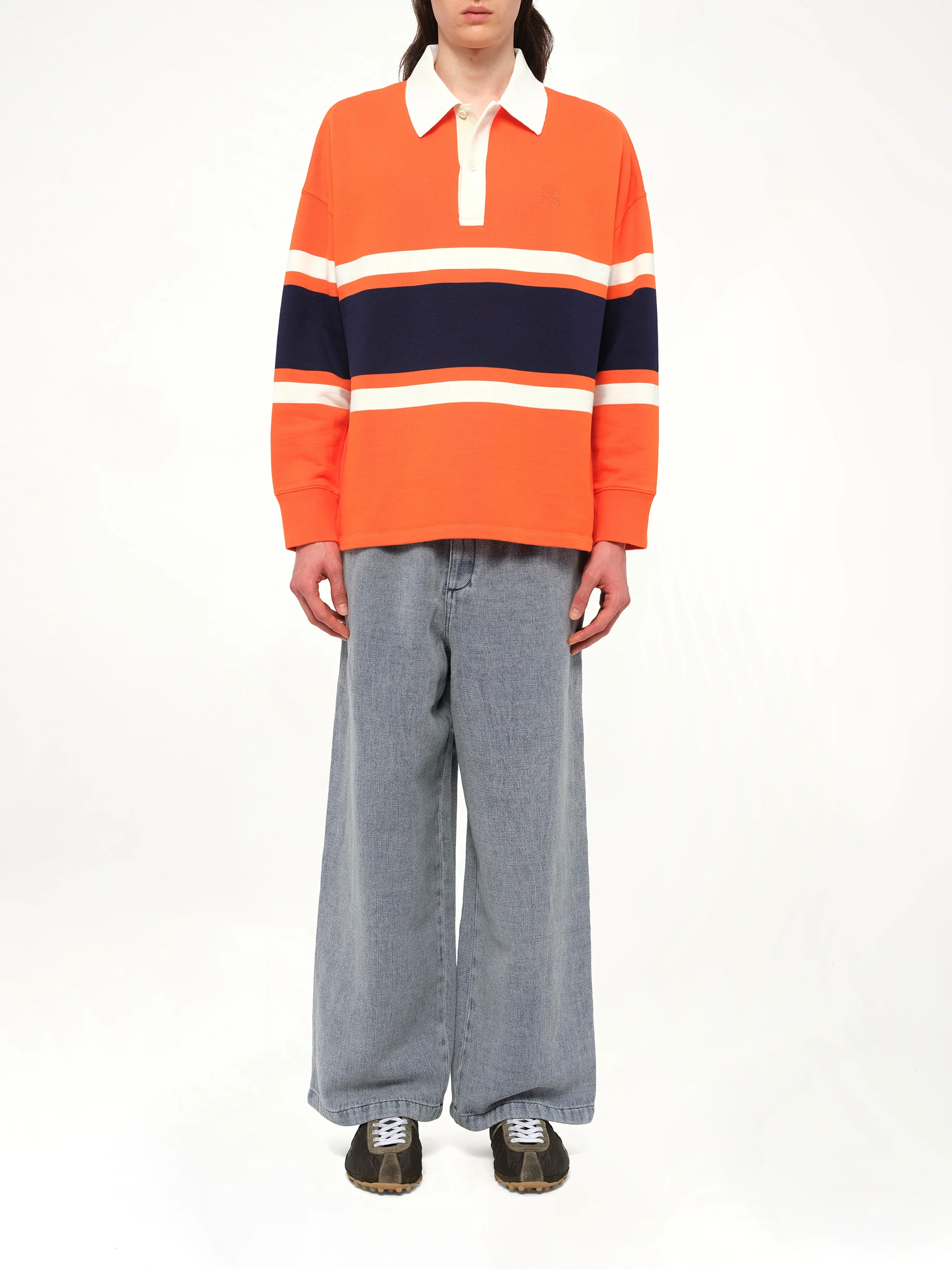 Long Sleeve Polo in Orange/Navy Blue - Image 7