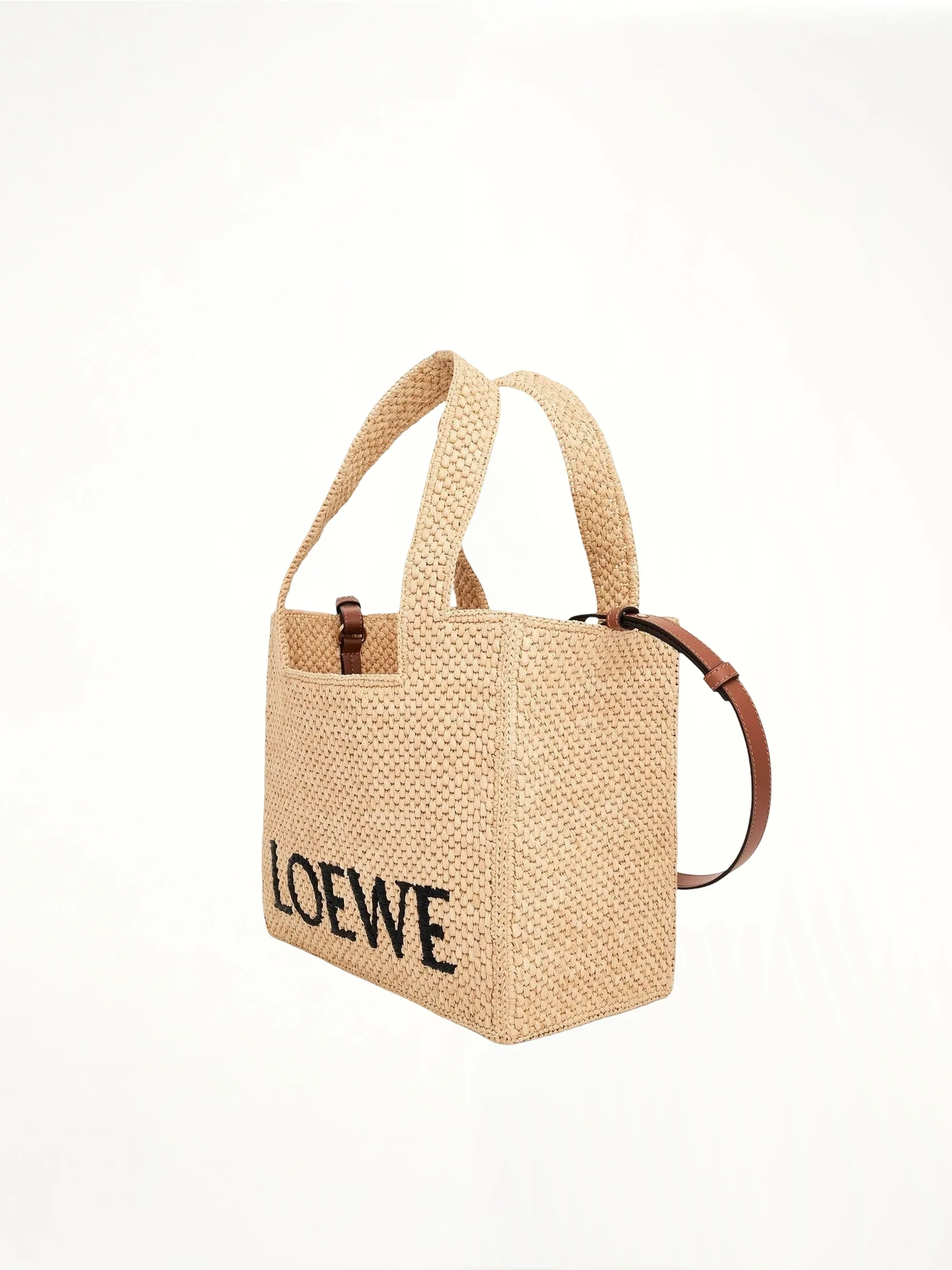 Medium Logo Font Tote Bag in Raffia and Calfskin in Natural - Image 4