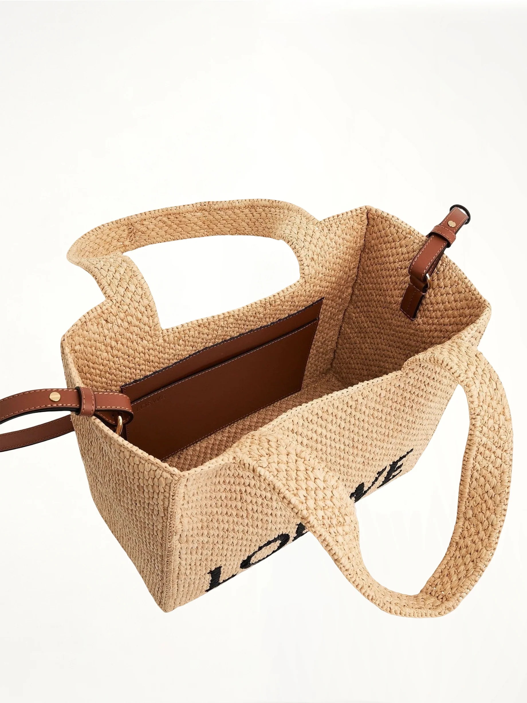 Medium Logo Font Tote Bag in Raffia and Calfskin in Natural - Image 5