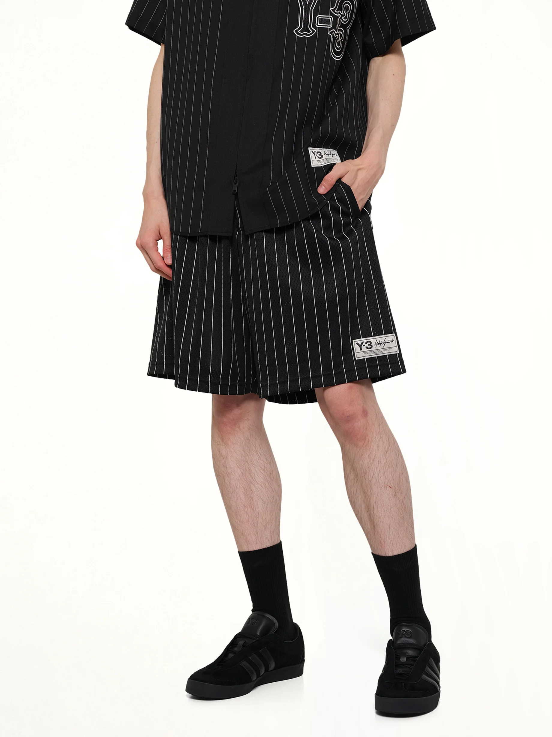Mesh Pinstripe Shorts in Black - Image 6