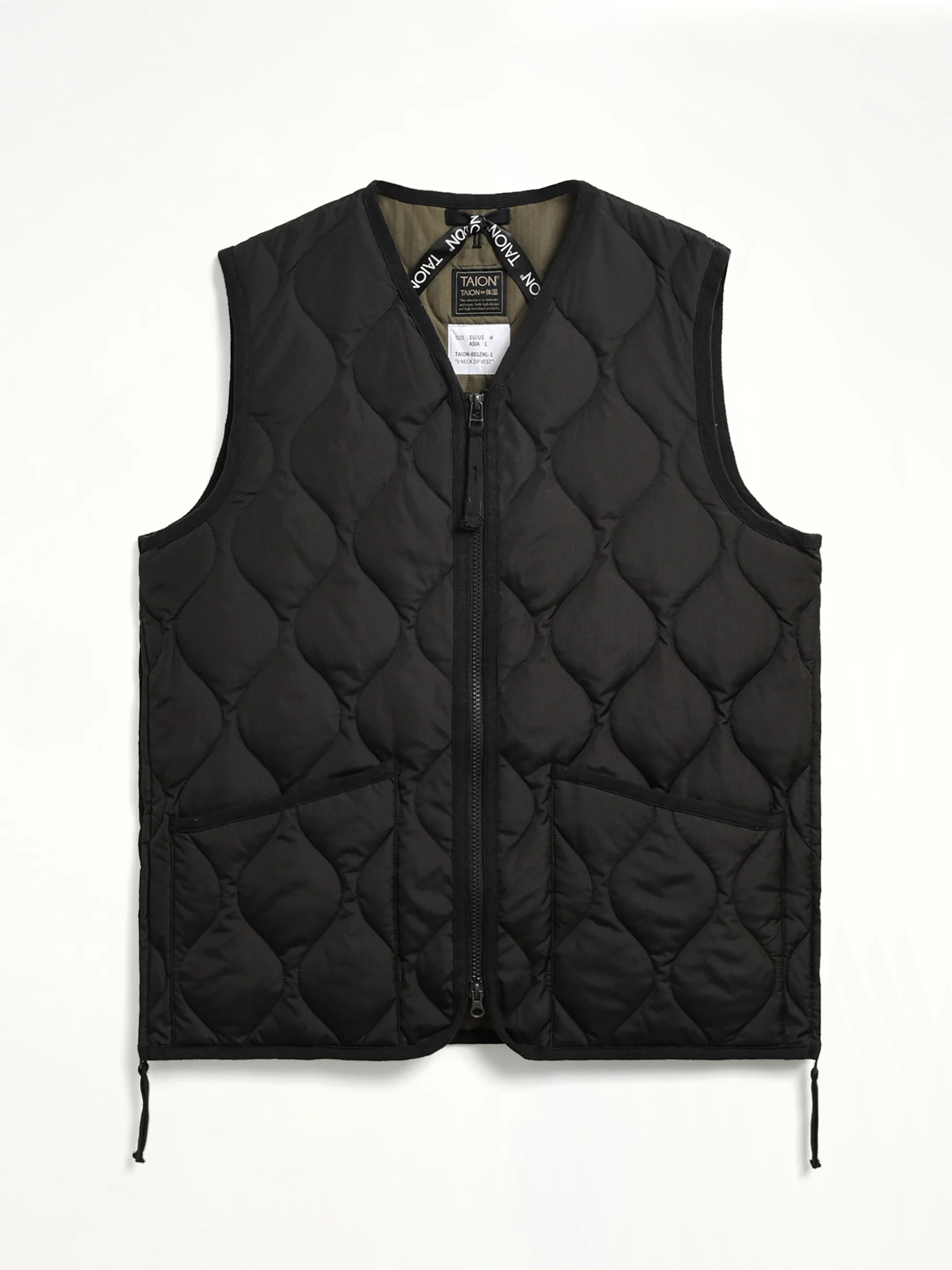 Military Zip V Neck Down Jacket in Black - Image 2